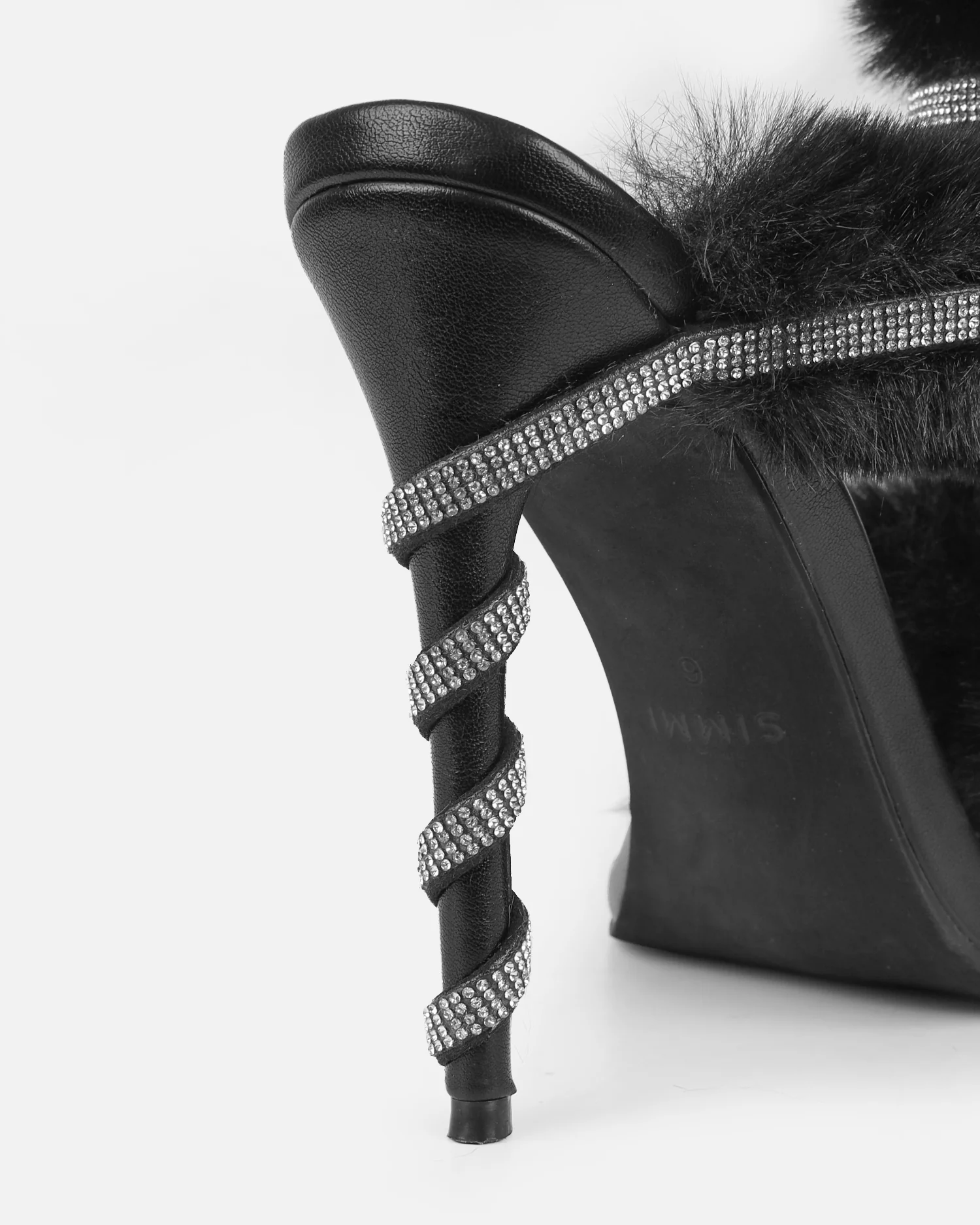 Queen Black Faux Fur Diamante Spiral Sandals - Image 3