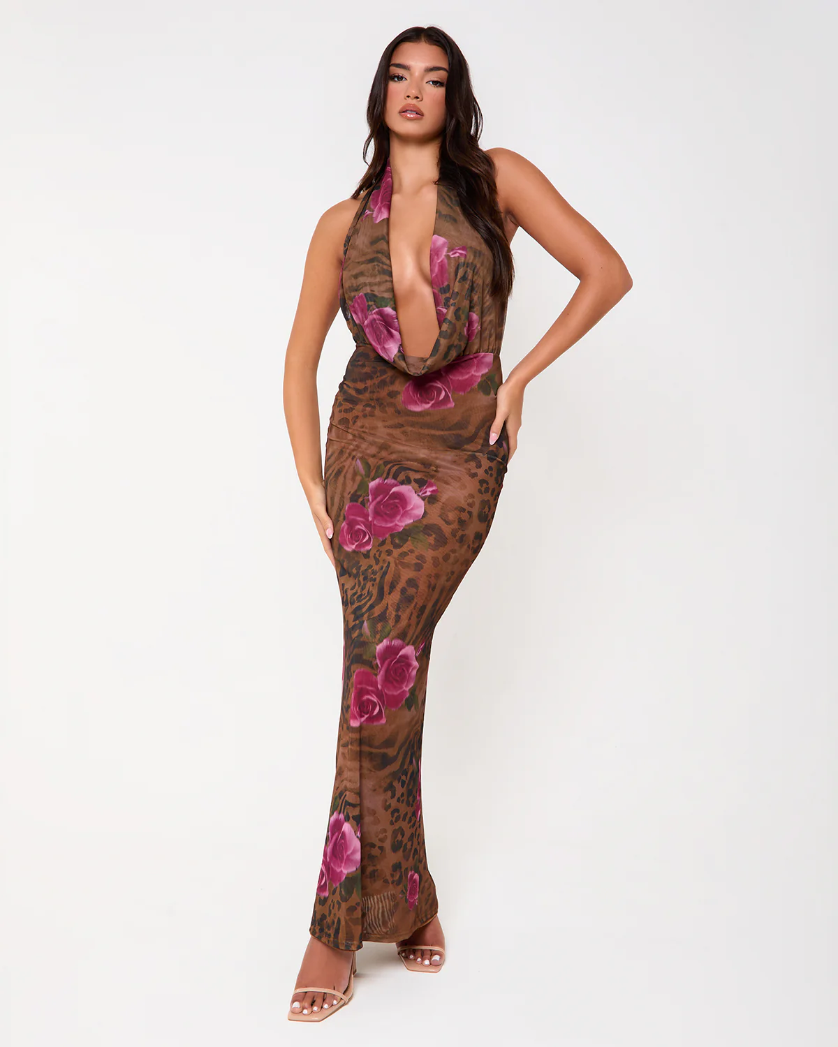 Queens Print Extreme Cowl Neck Maxi Dress - Image 4