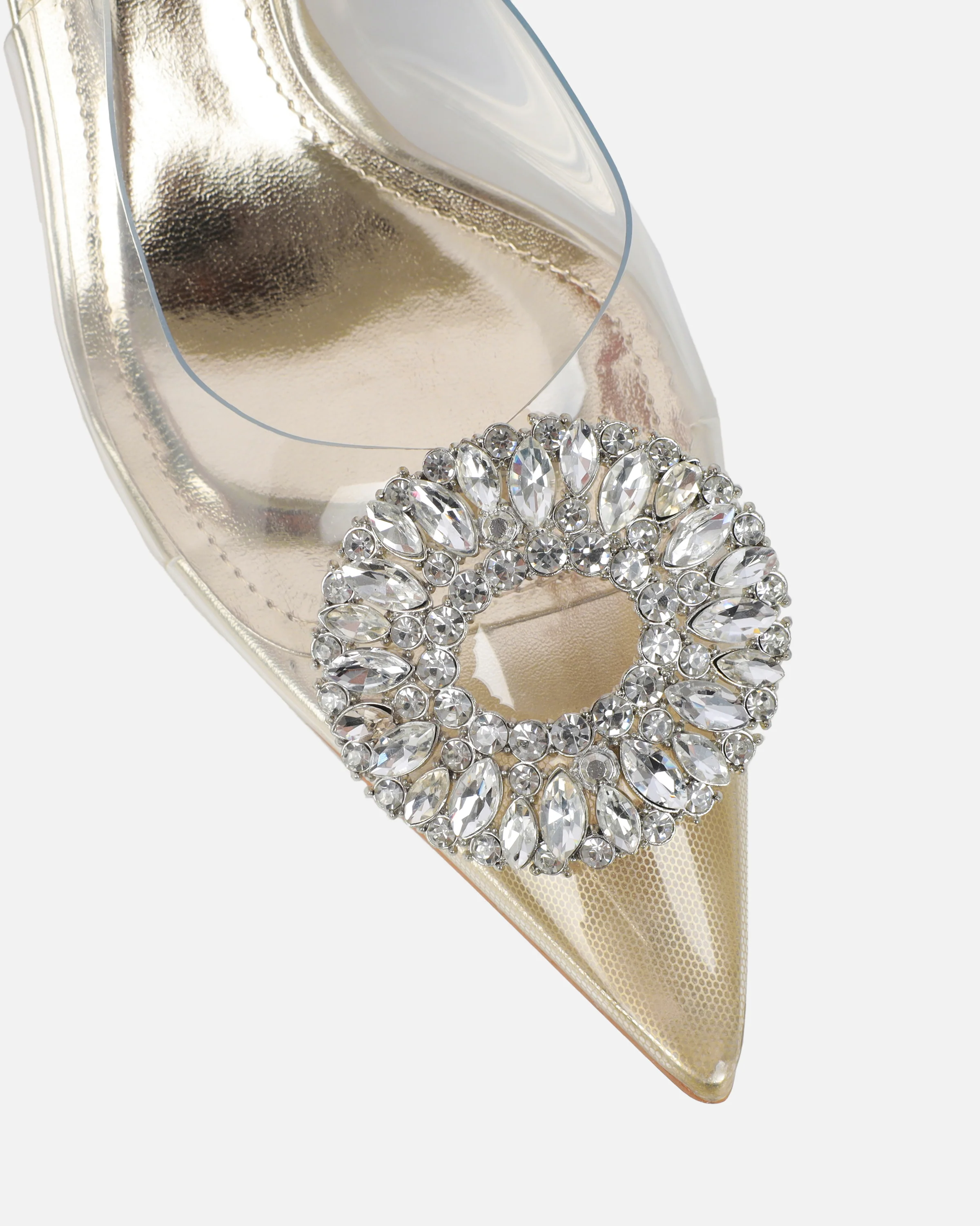 Racquel Clear Gold Diamante Mid Heel Courts - Image 4