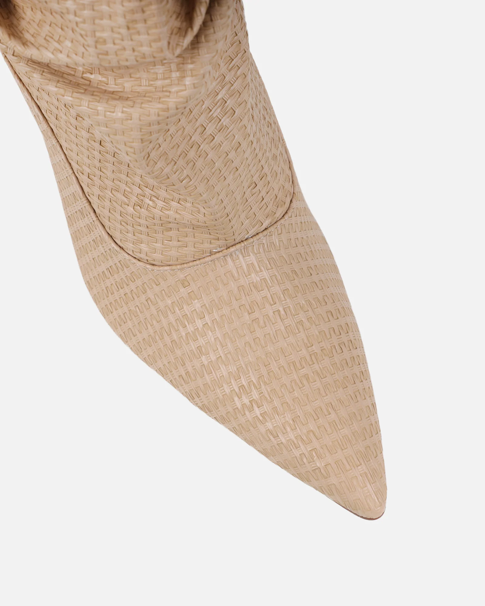 Rami Beige Woven Effect Ruched Stiletto Knee High Boots - Image 4