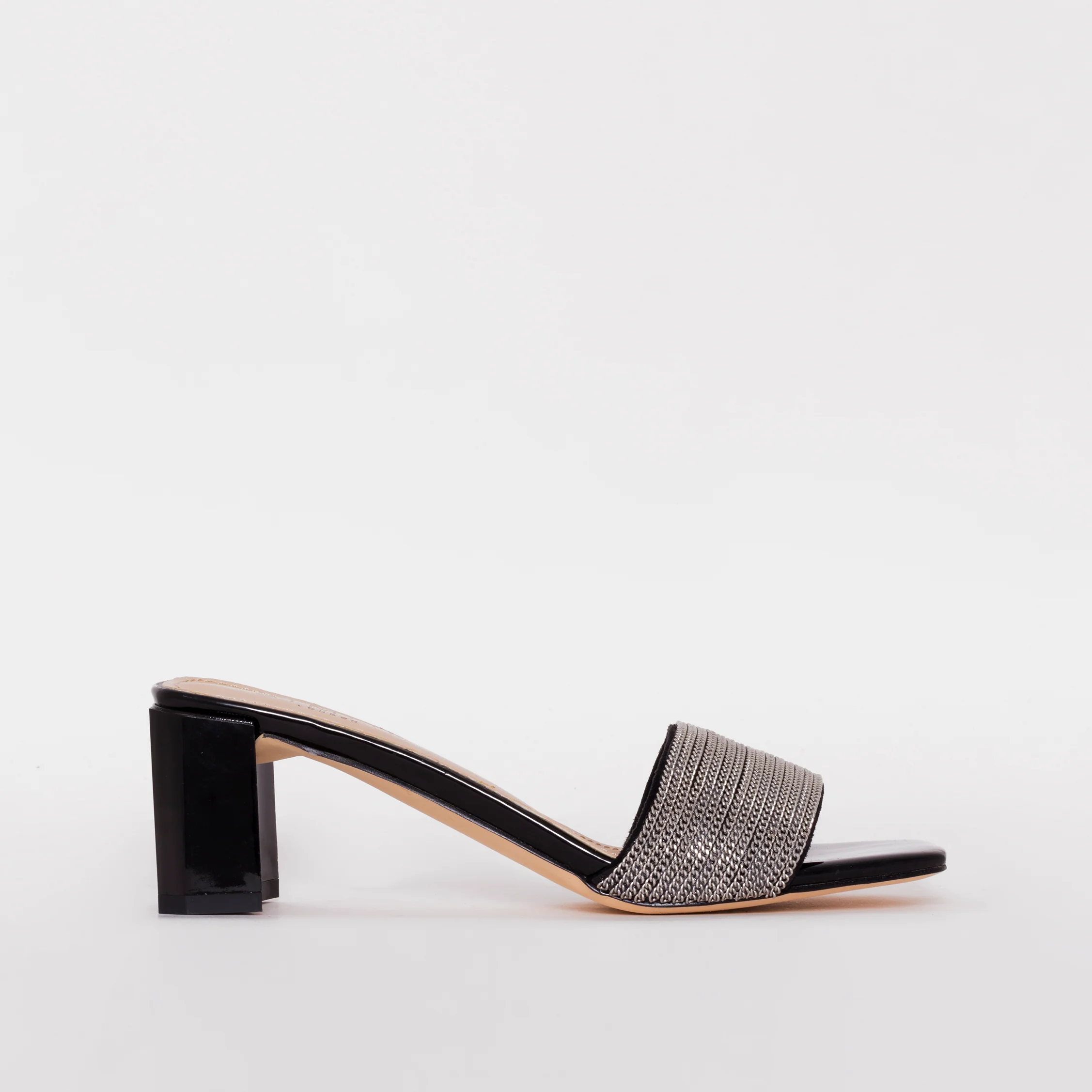 Romie Black Silver Block Mid Heel Mules