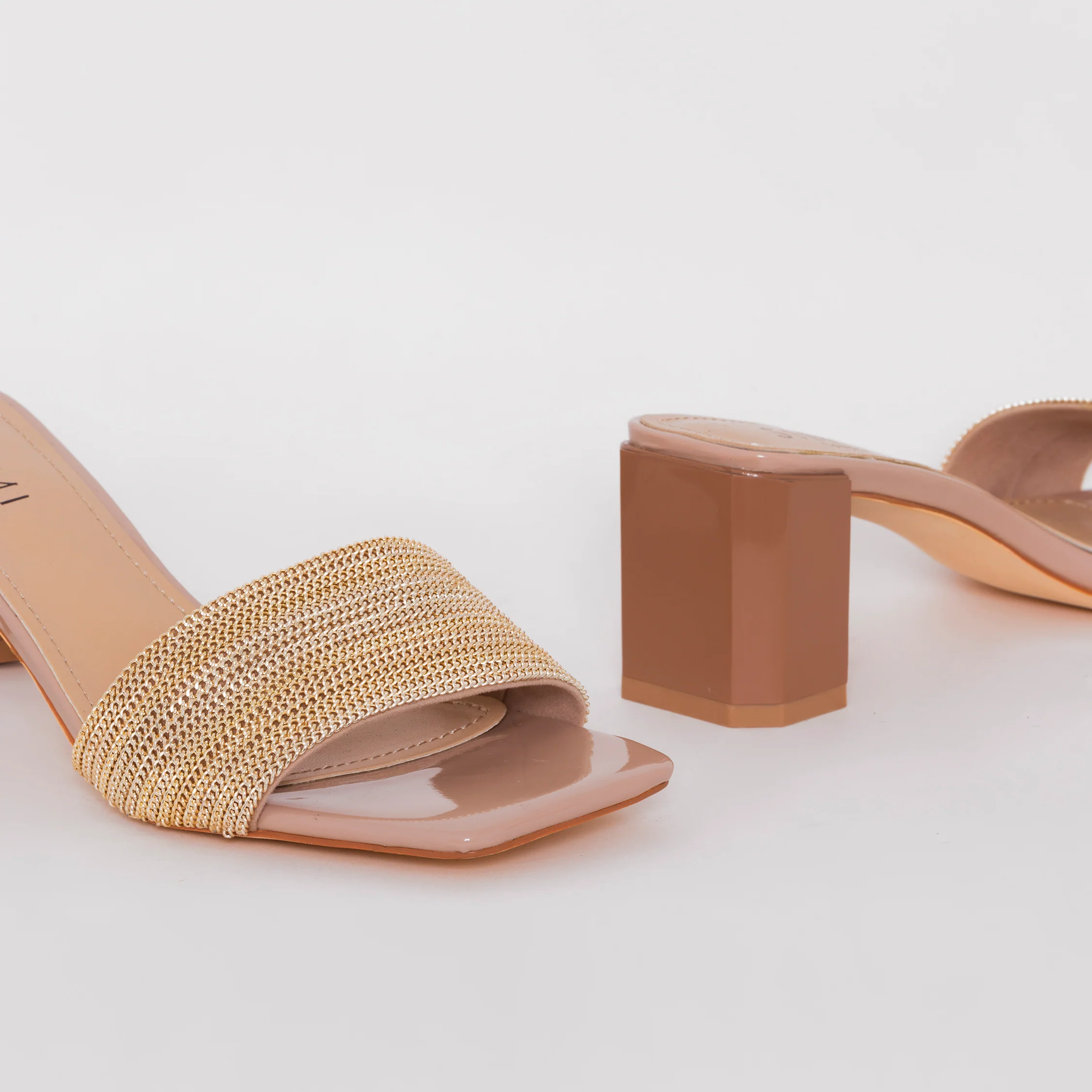 Romie Nude Gold Block Mid Heel Mules - Image 4