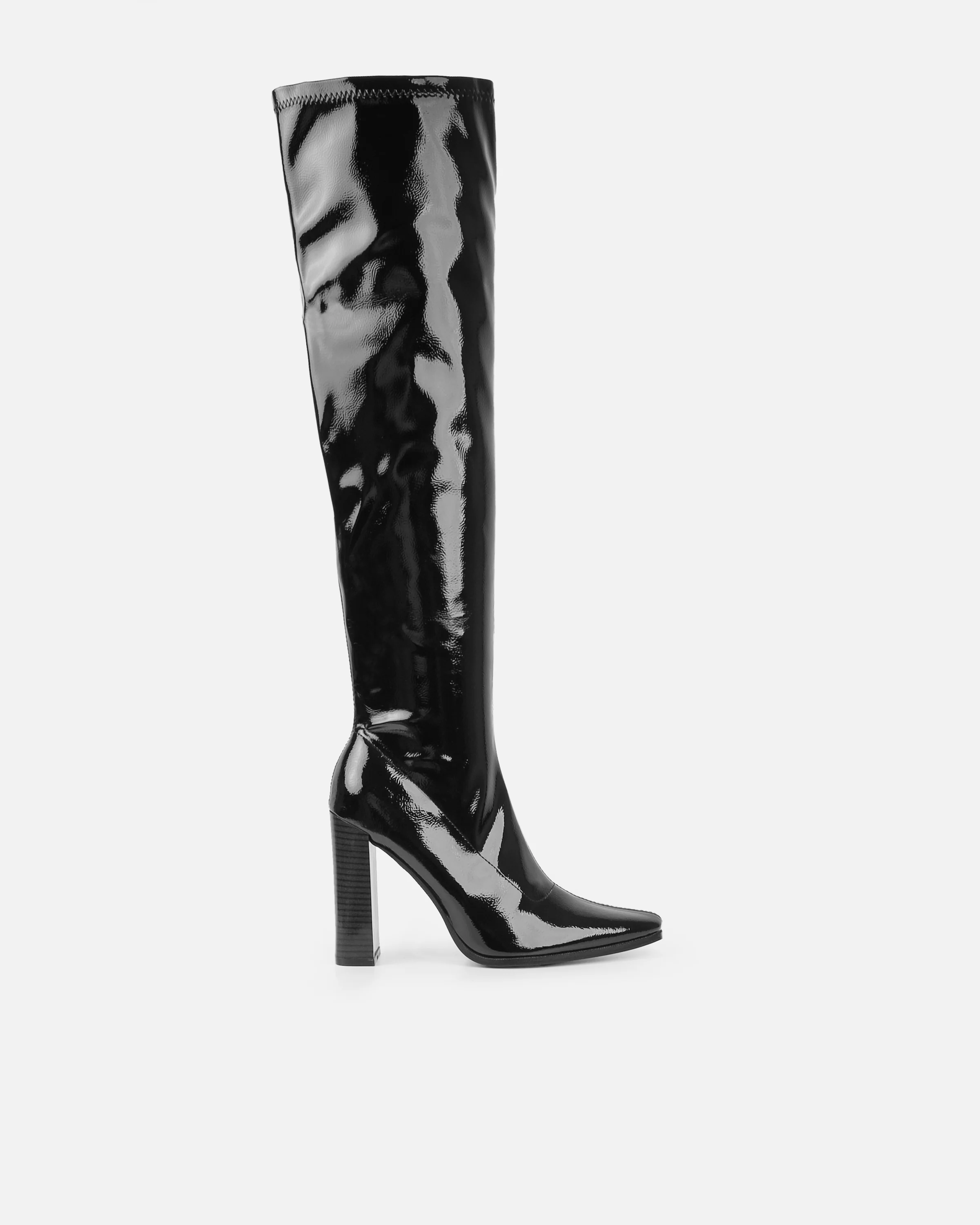 Ron Black Stretch Patent Block Heel Knee Boots - Image 2