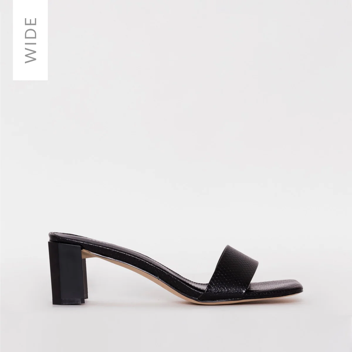 Ruhani Wide Fit Black Snake Print Block Mid Heel Mules