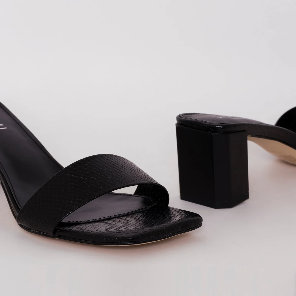 Ruhani Wide Fit Black Snake Print Block Mid Heel Mules - Image 4