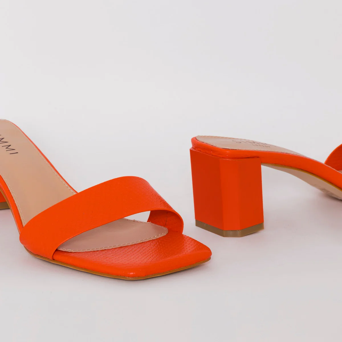 Ruhani Wide Fit Orange Snake Print Block Mid Heel Mules - Image 4