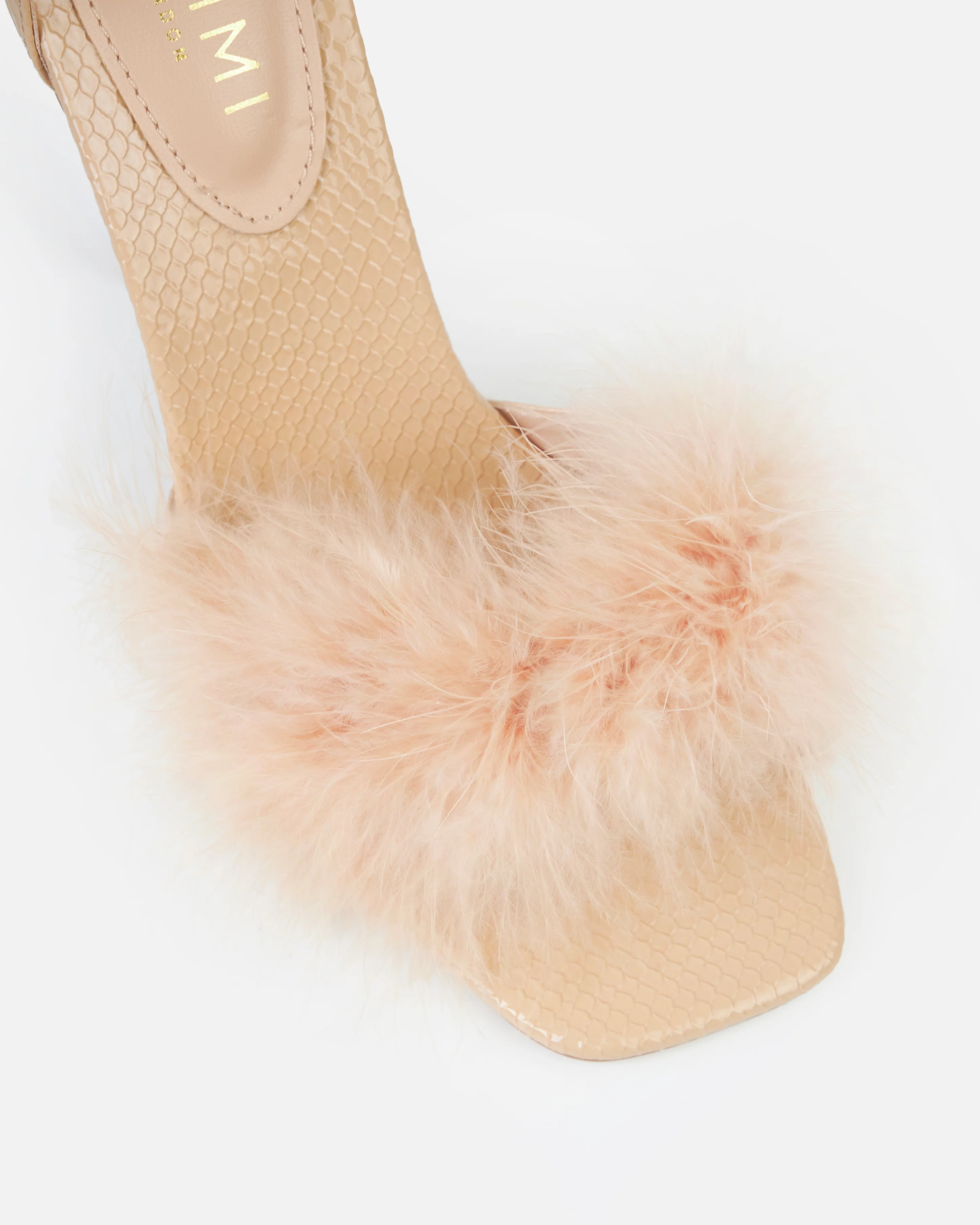 Saphire Nude Faux Snake Fluffy Heeled Sandals With Chains - Image 4