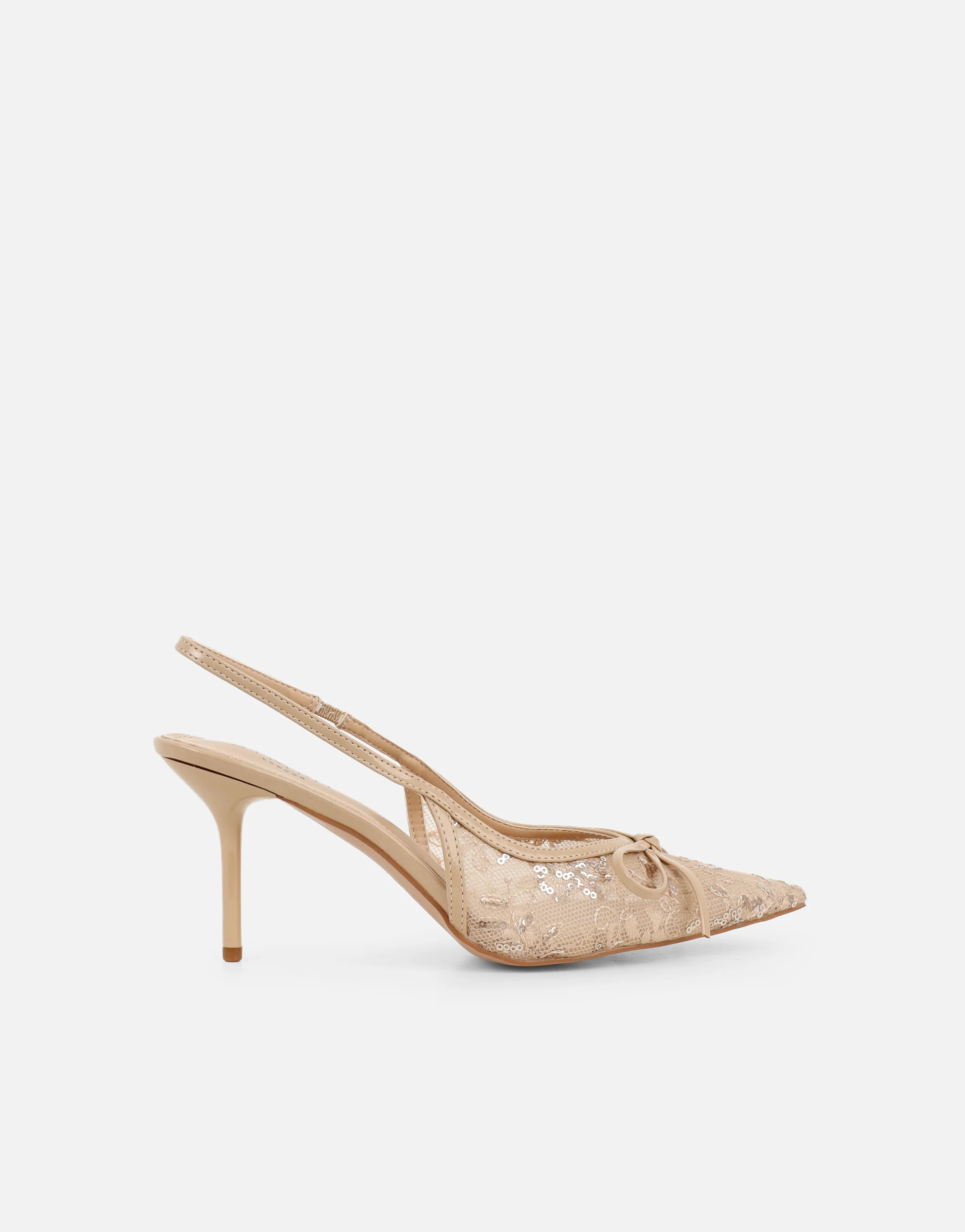 Saskia Beige Mesh Bow Detail Slingback Courts - Image 2