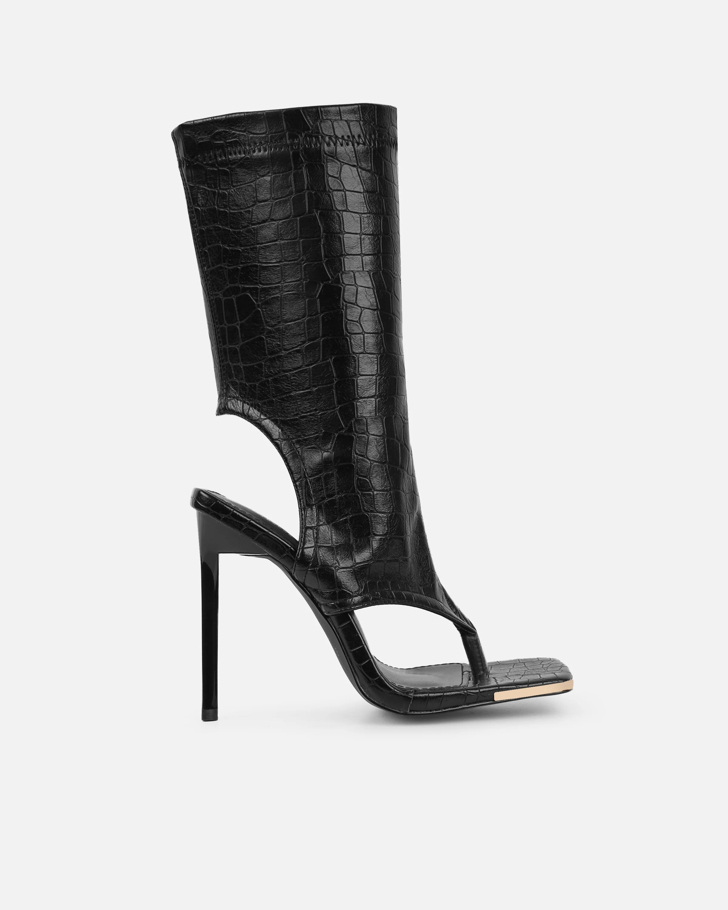 Senya Black Faux Croc Toe Thong Heeled Boots - Image 2