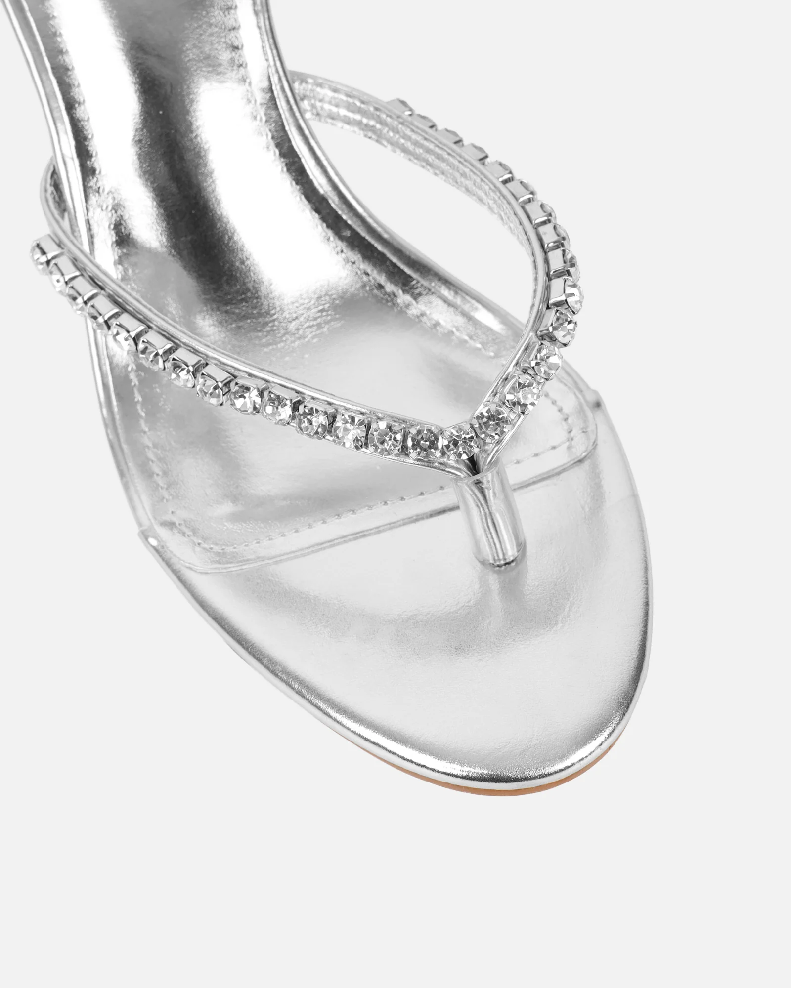 Sheen Silver Metallic Diamante Toe Post Heeled Sandals - Image 4