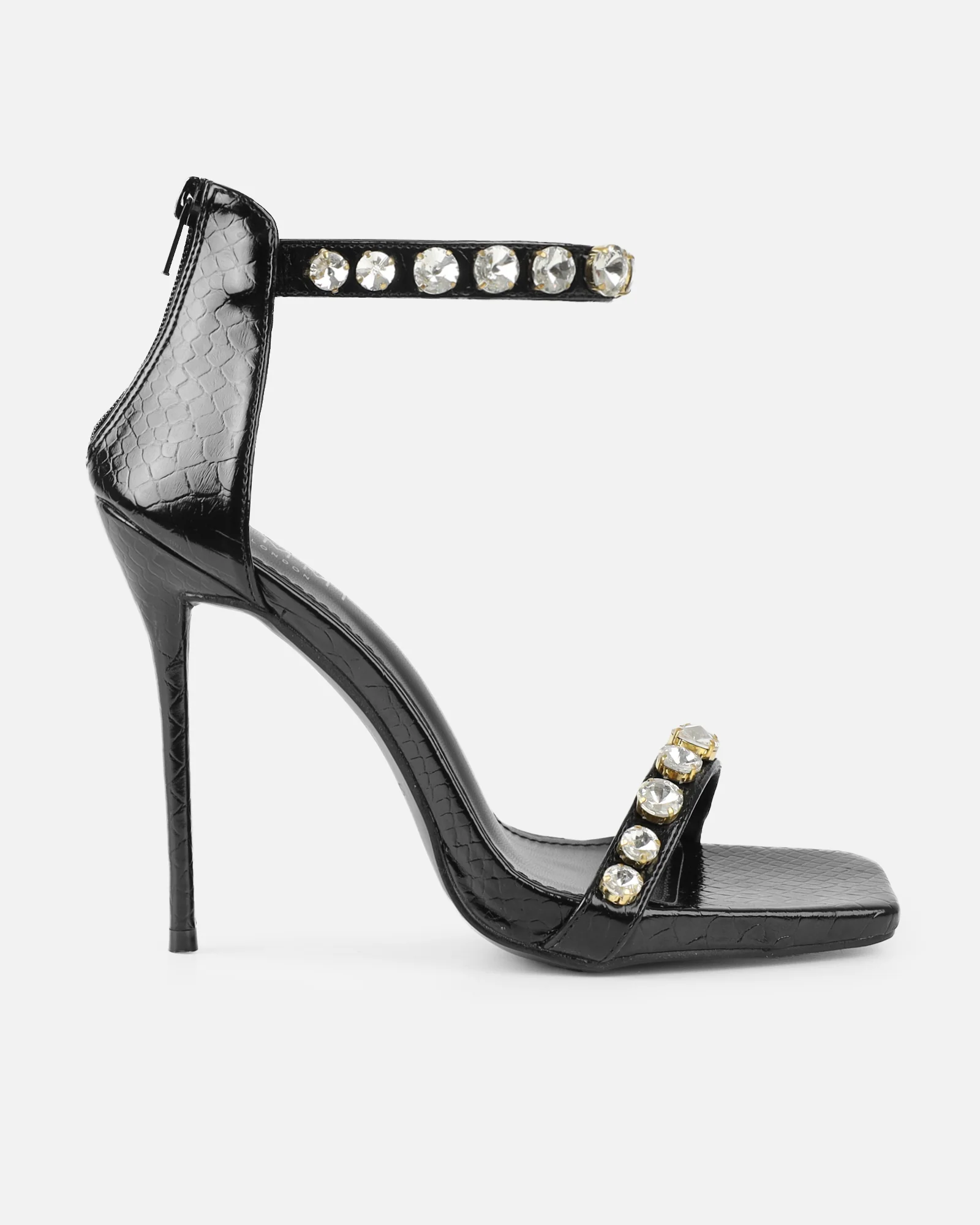 Shivi Black Faux Snake Diamante Heeled Sandals - Image 2