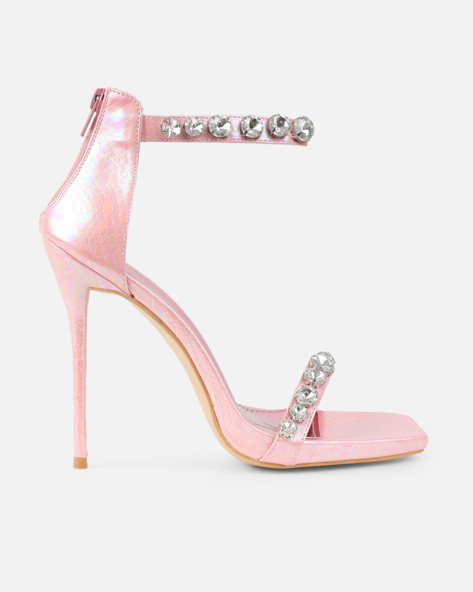 Shivi Pink Faux Snake Diamante Heeled Sandals - Image 2