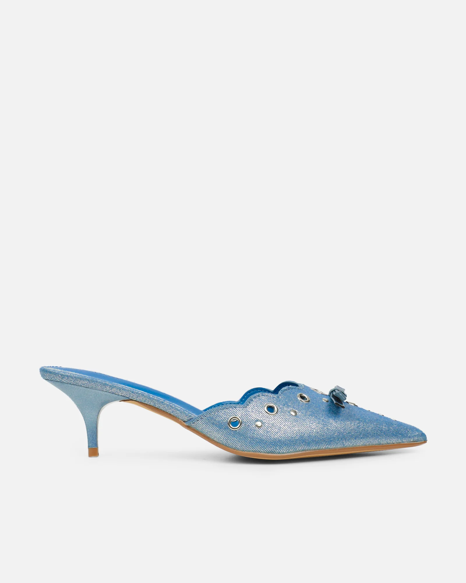Skyes Metallic Denim Eyelet Detail Low Heel Court Shoes - Image 2