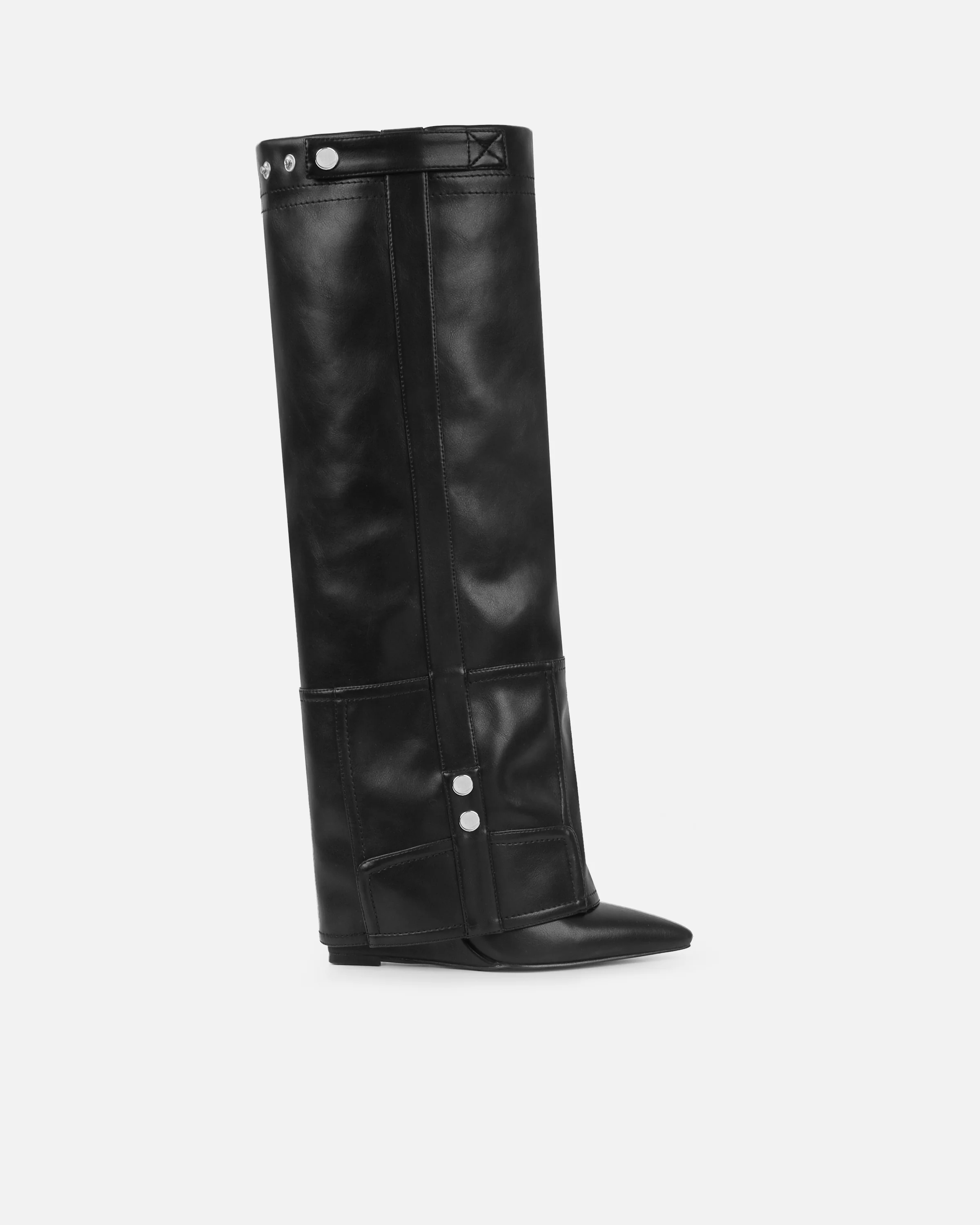 Sonny Black Fold Over Wedge Knee Boots - Image 2