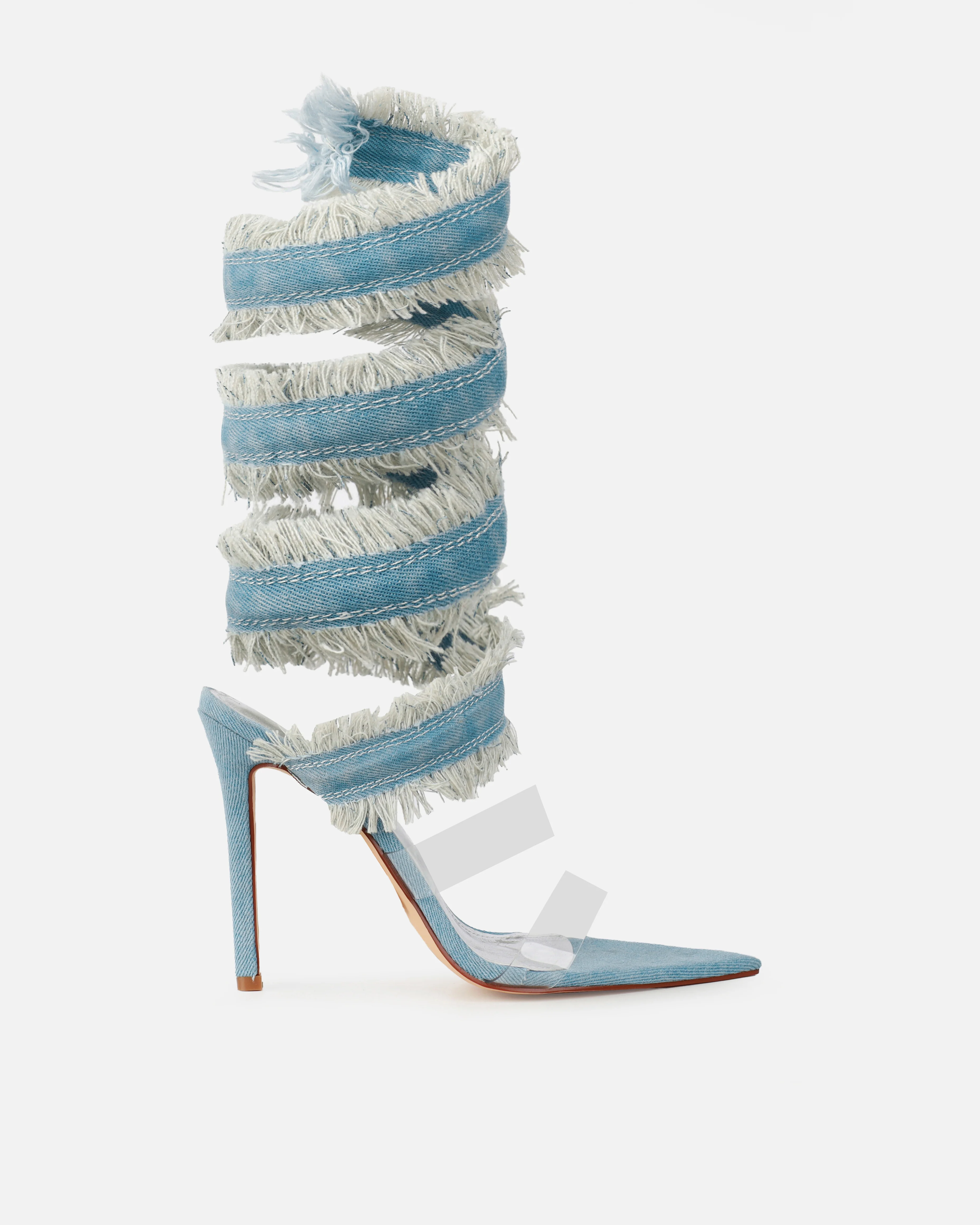 Sonya Blue Denim Frayed Spiral Heeled Sandals - Image 2