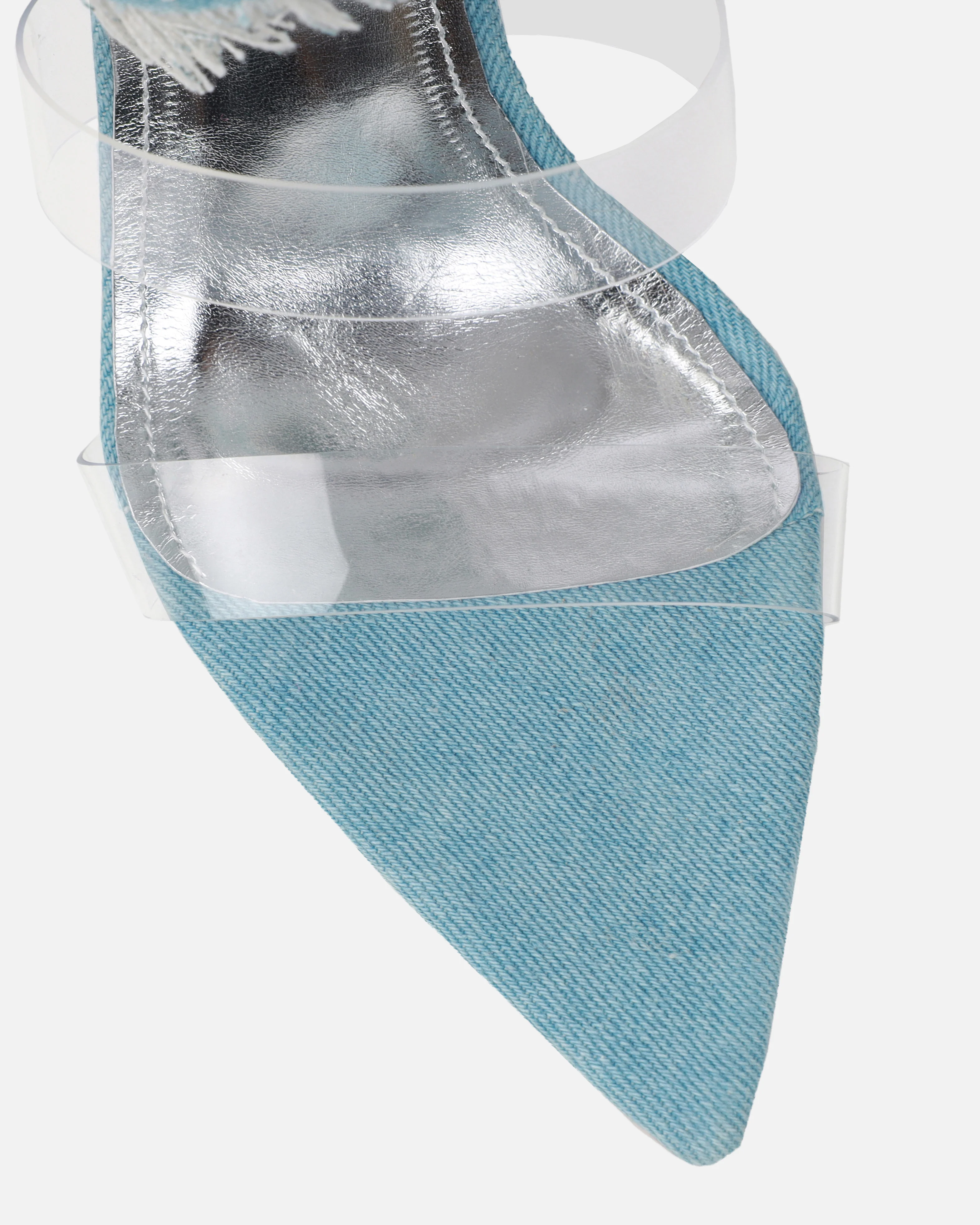 Sonya Blue Denim Frayed Spiral Heeled Sandals - Image 4
