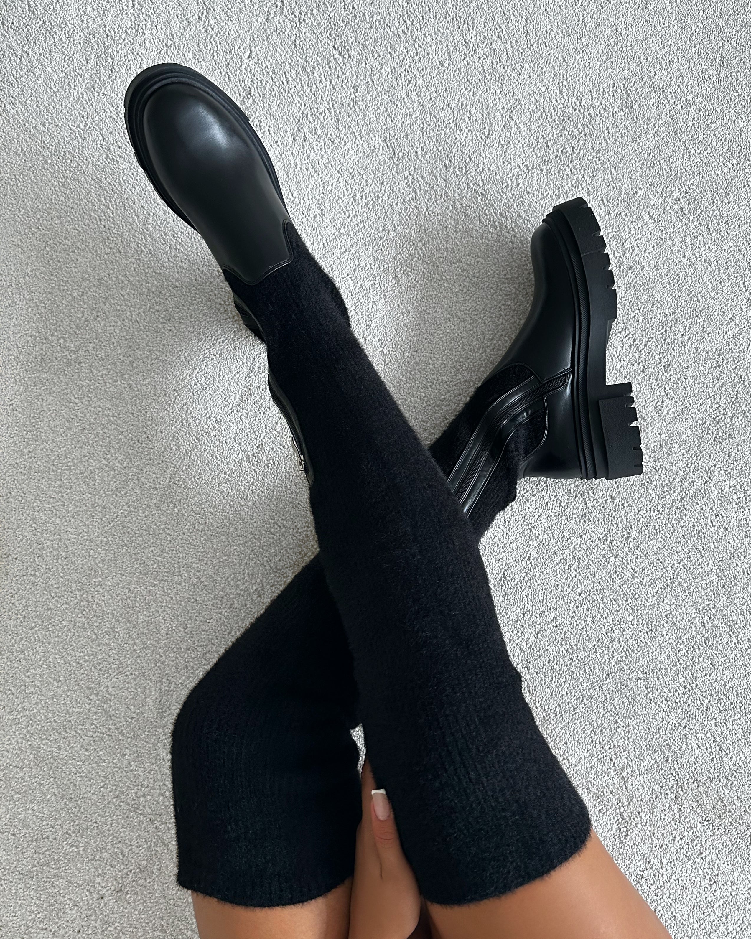 Stallone Black Over The Knee Fluffy Sock Boots