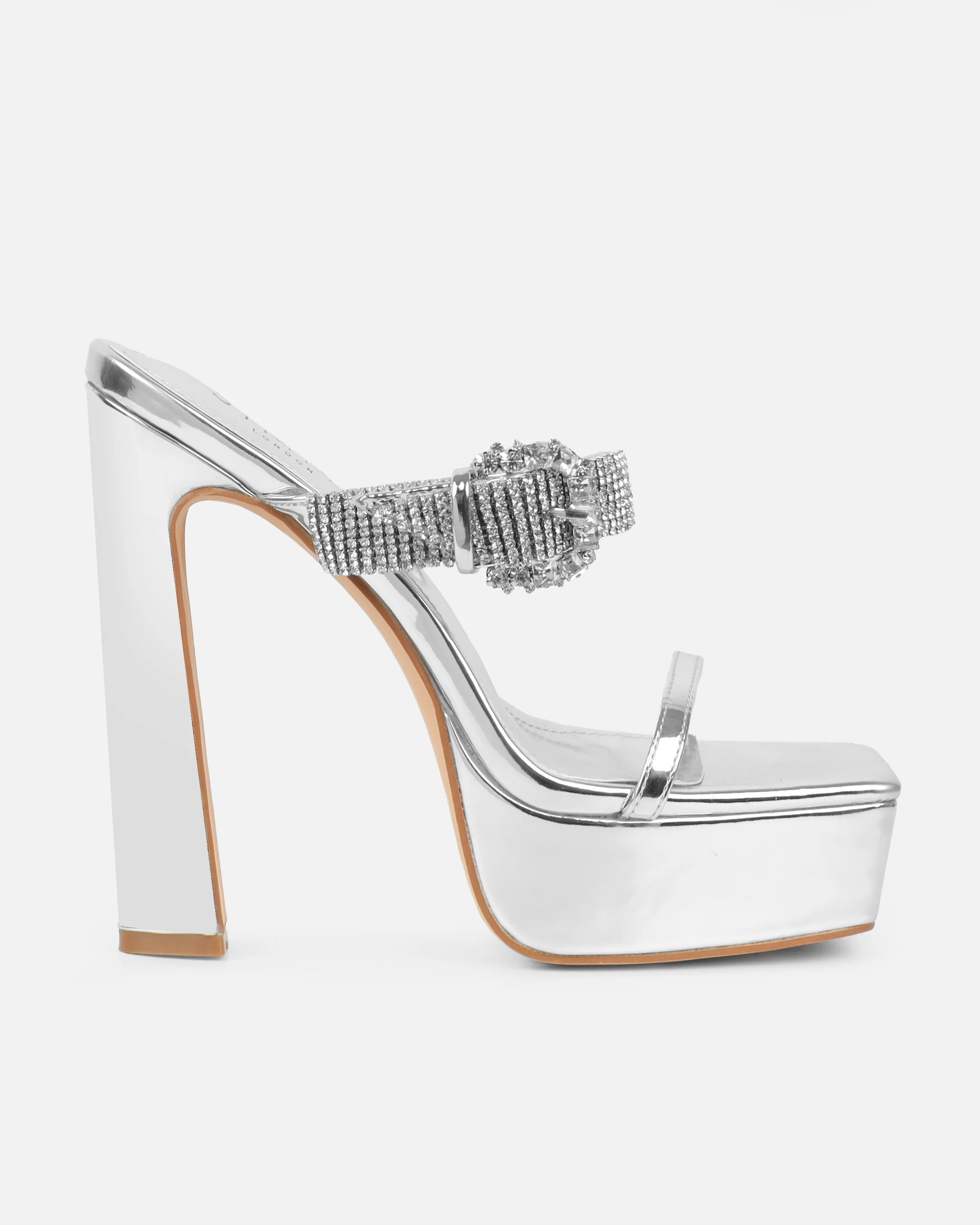 Syd Silver Mirror Diamante Buckle Platform Mules - Image 2