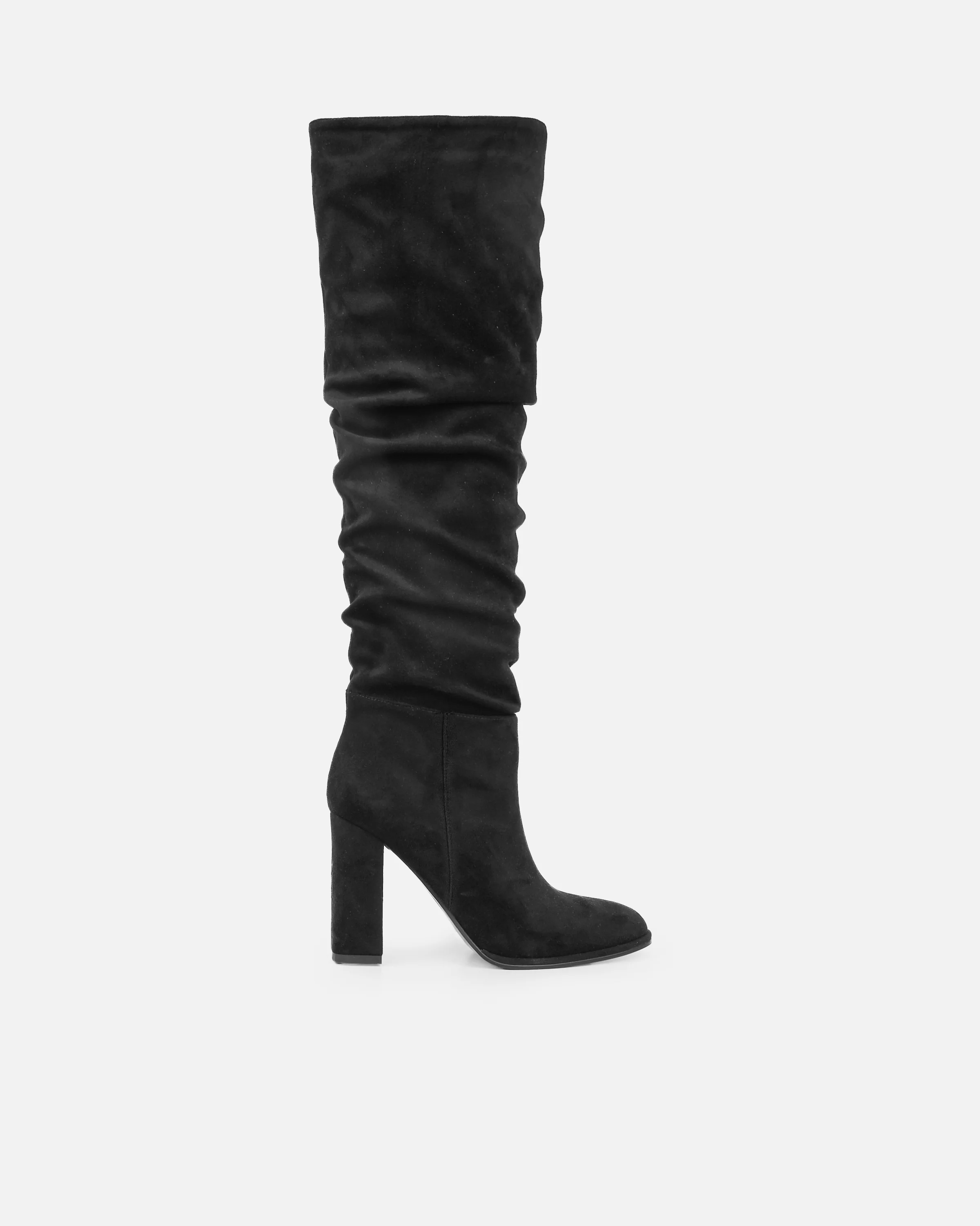 Sylvestor Black Faux Suede Block Heel Slouch Knee High Boots - Image 2