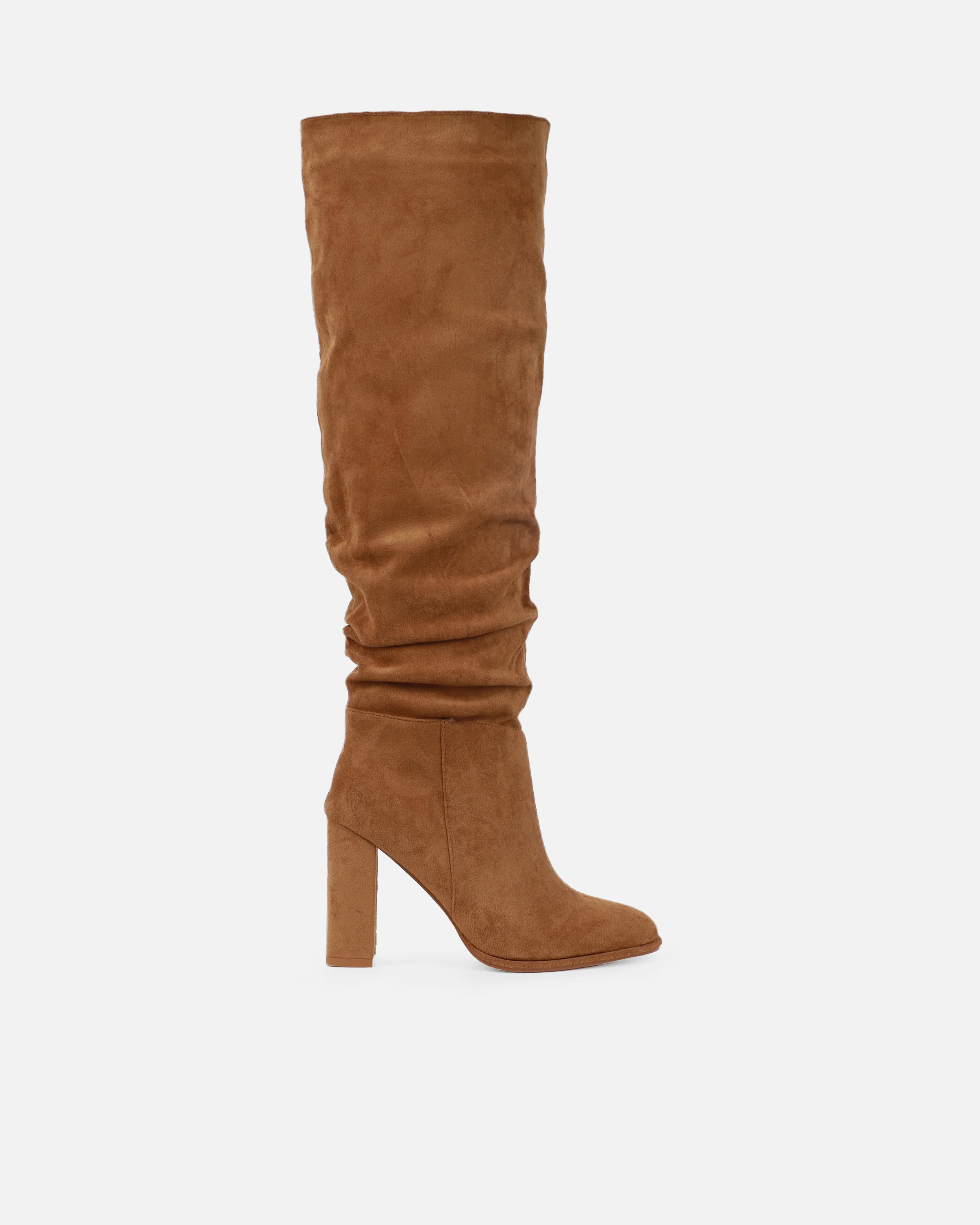 Sylvestor Tan Faux Suede Block Heel Slouch Knee High Boots - Image 2