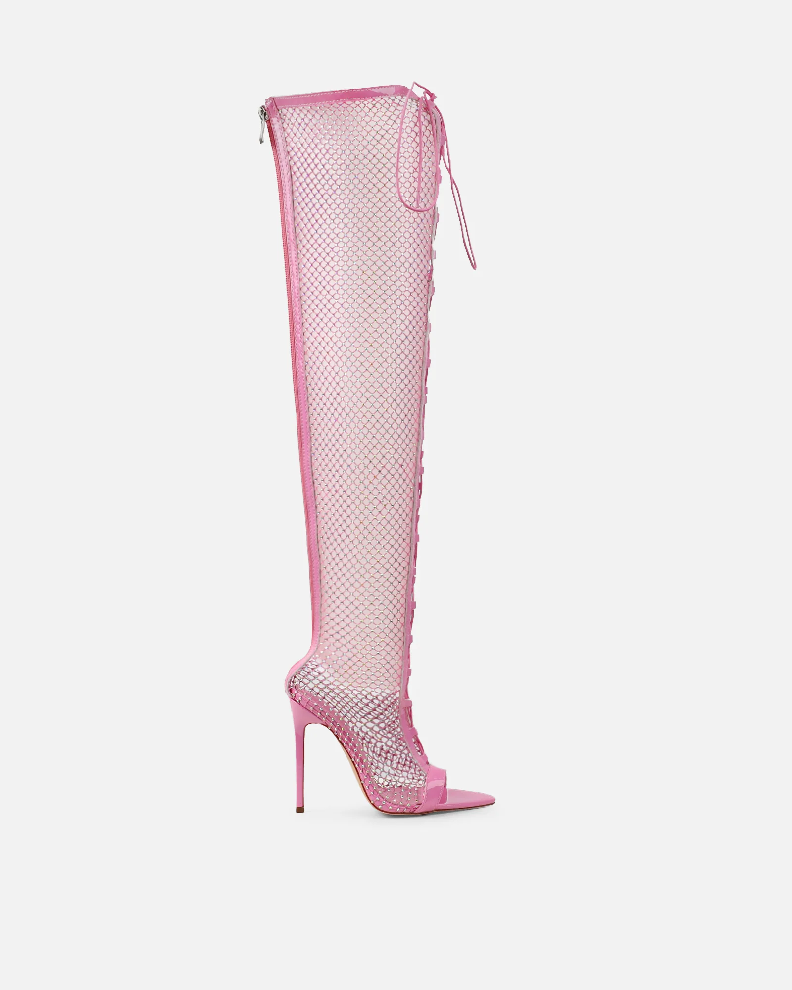 Talitha Bright Pink Diamante Lace Up Thigh High Heels - Image 2
