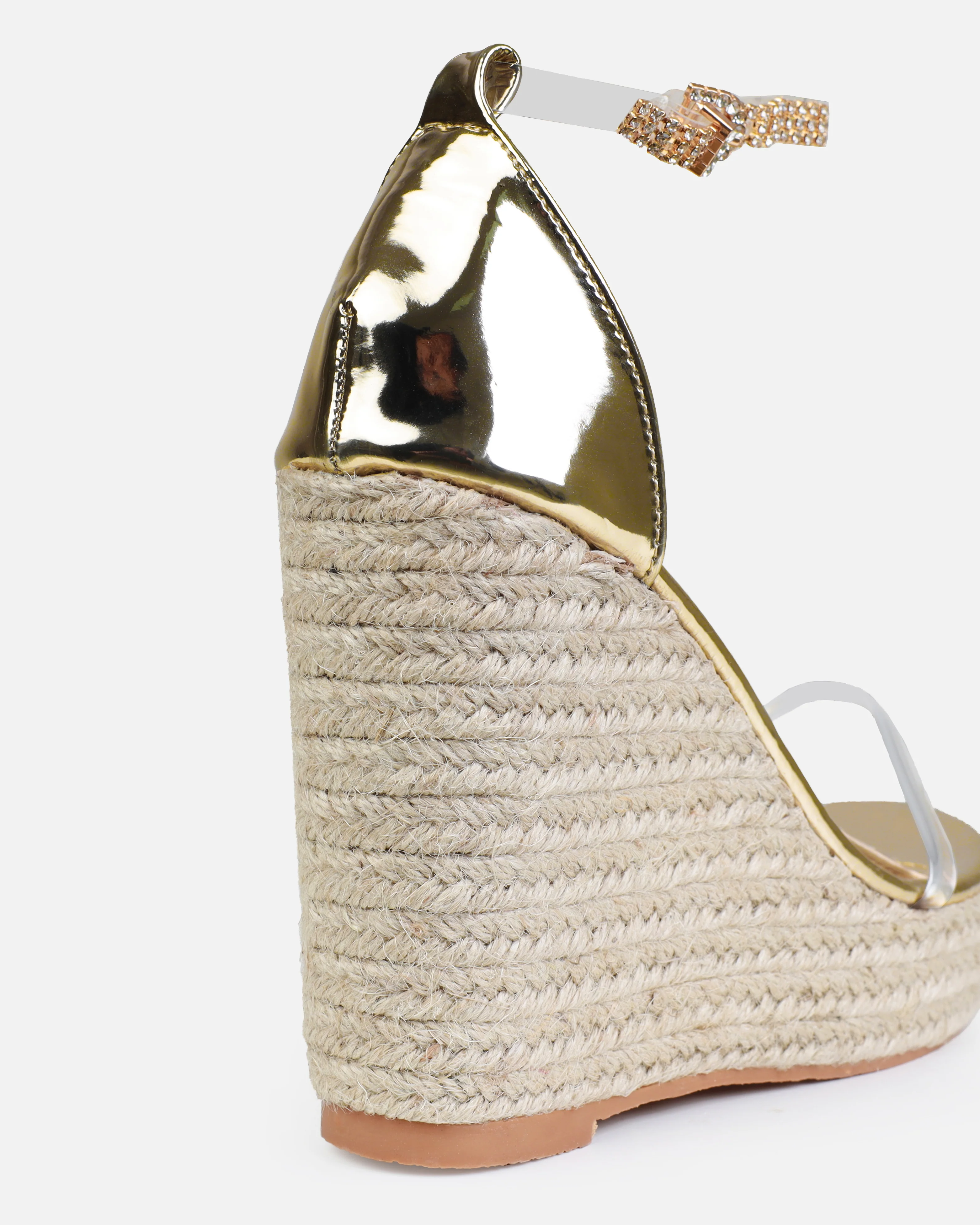 Tasha Ghouri Cove Gold Clear Diamante Wedges - Image 3