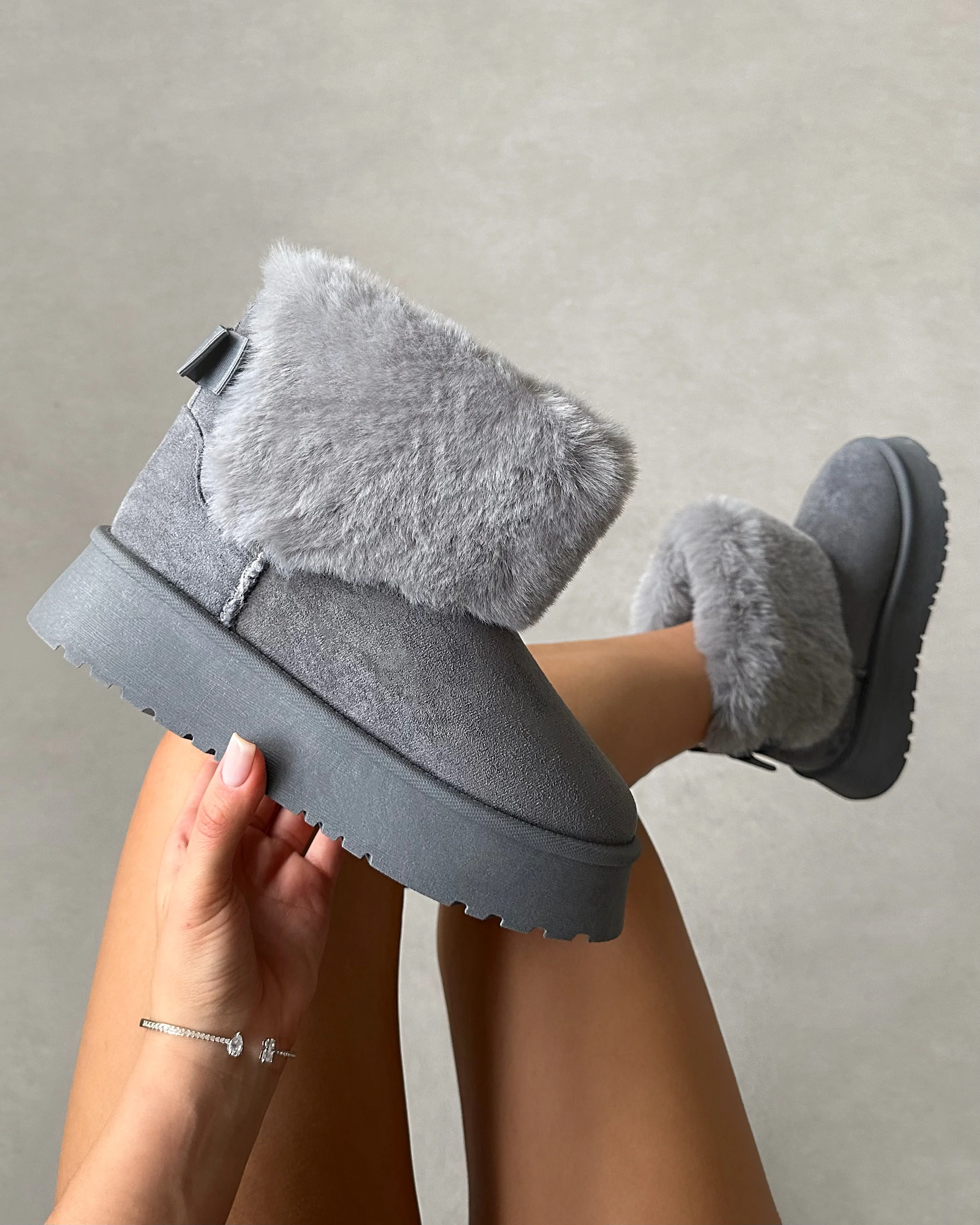 Tomiee Grey Faux Suede Fur Trimmed Ankle Boots