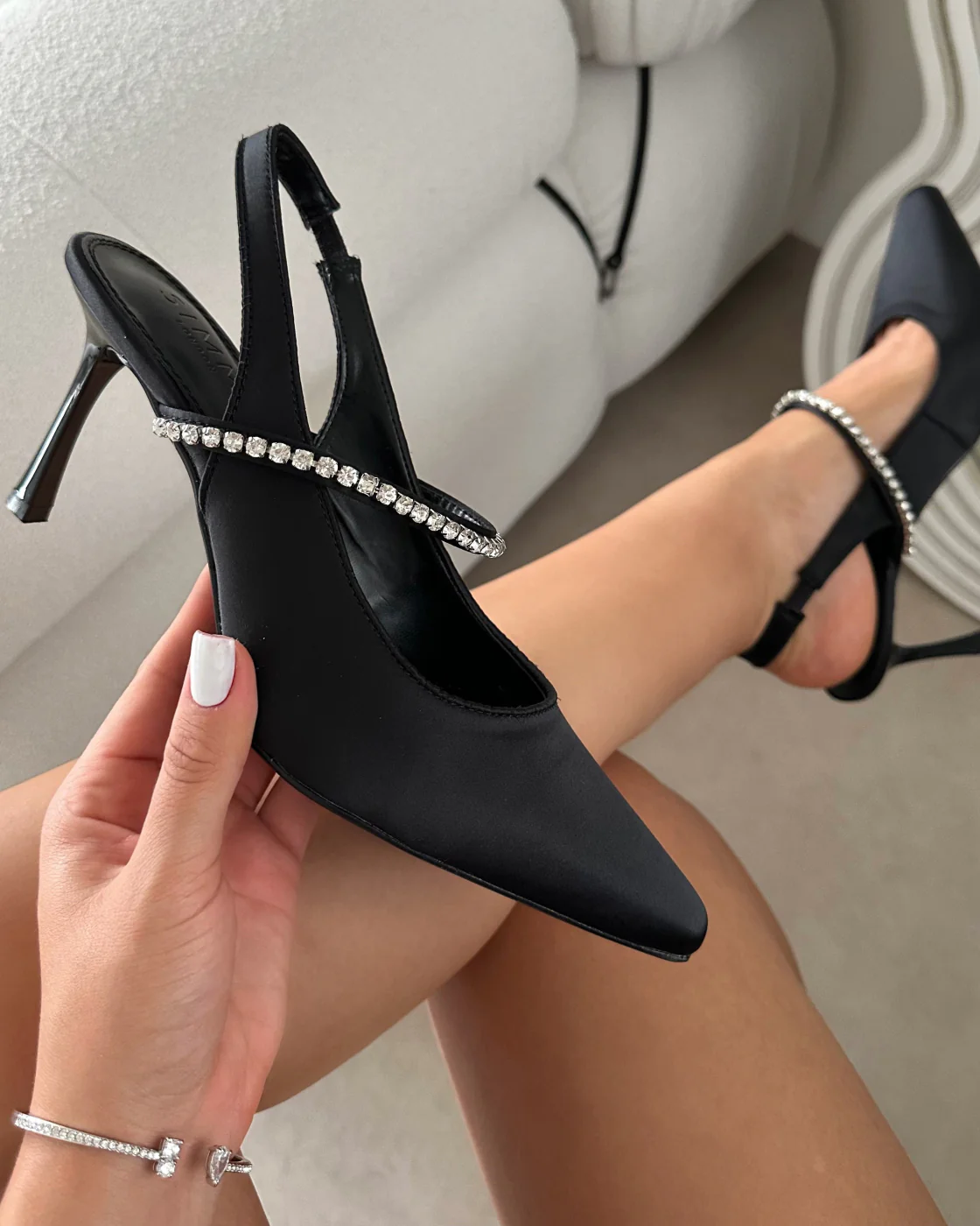 Trace Black Satin Diamante Ballet Heels