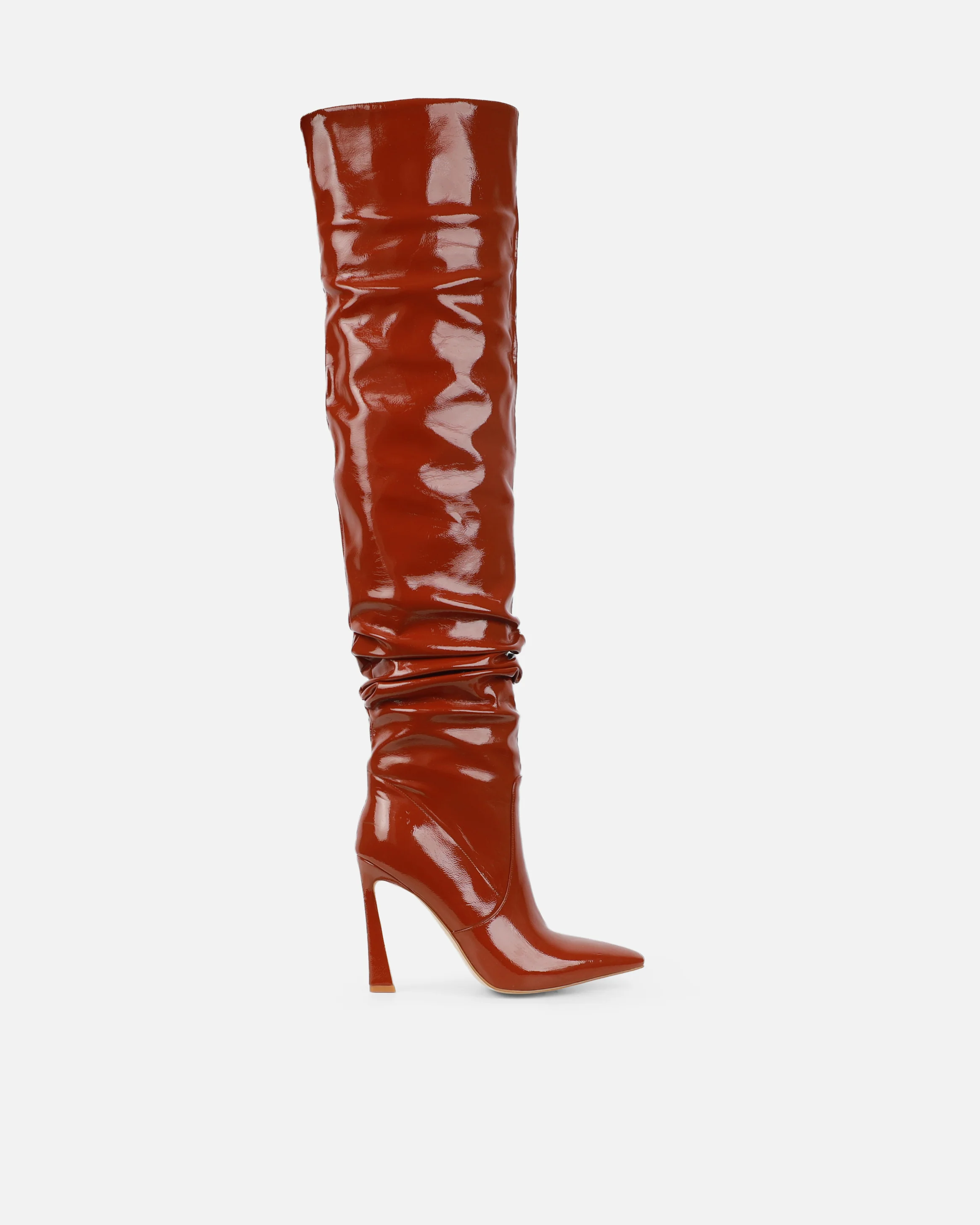 Usher Tan Patent Slouch High Heeled Over The Knee Boots - Image 2