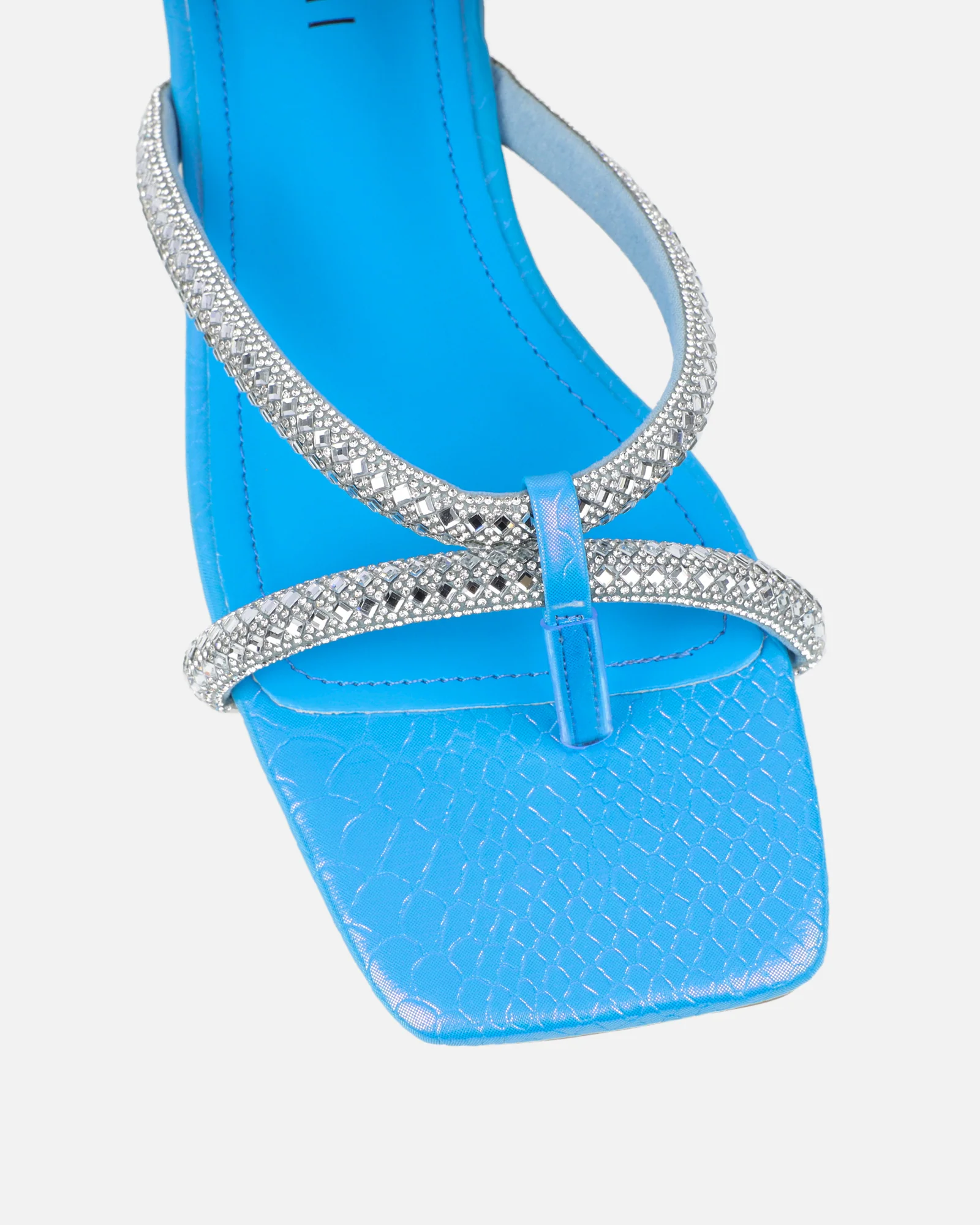 Visha Blue Faux Snake Effect Diamante Flat Sandals - Image 4