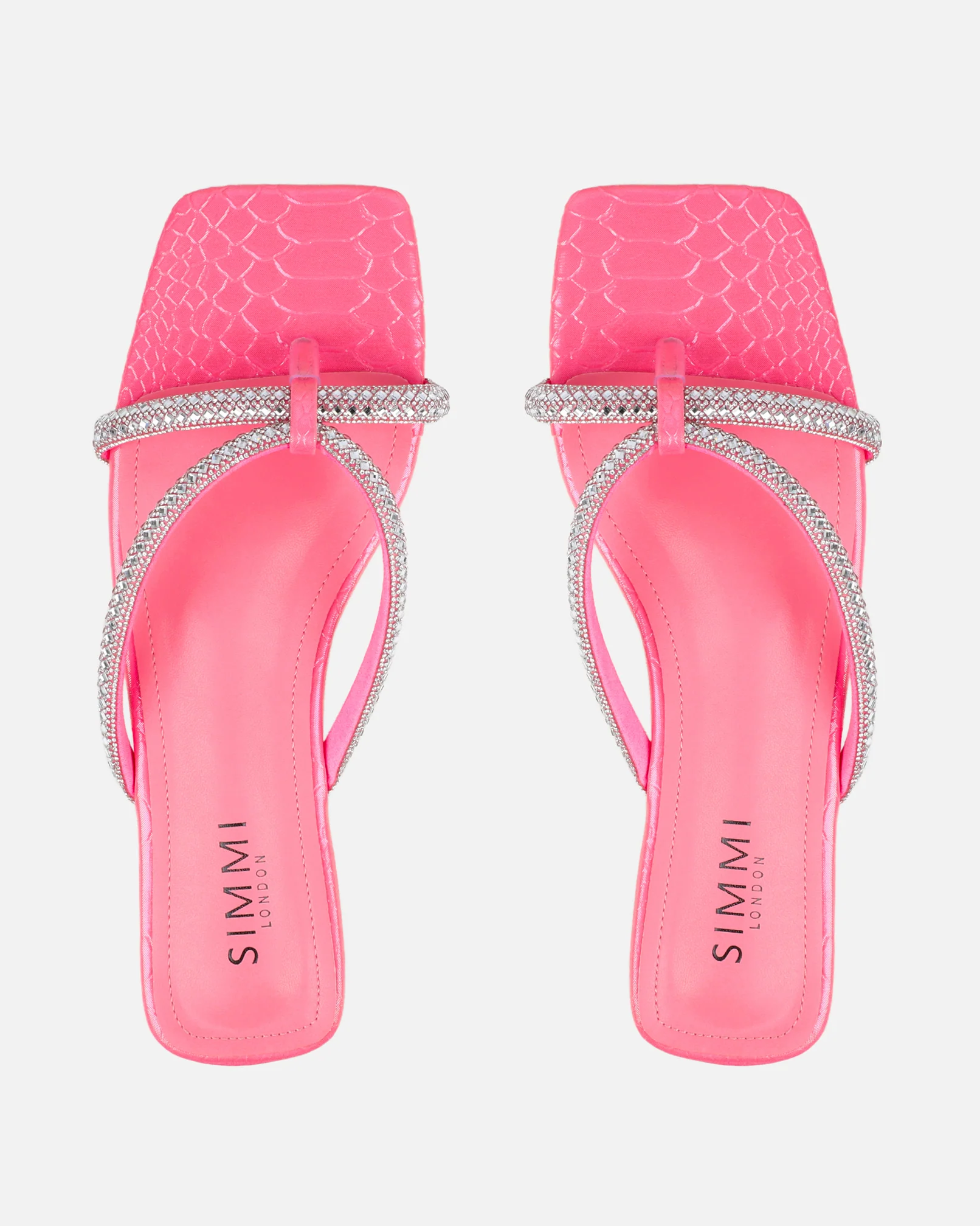 Visha Pink Faux Snake Effect Diamante Flat Sandals - Image 3