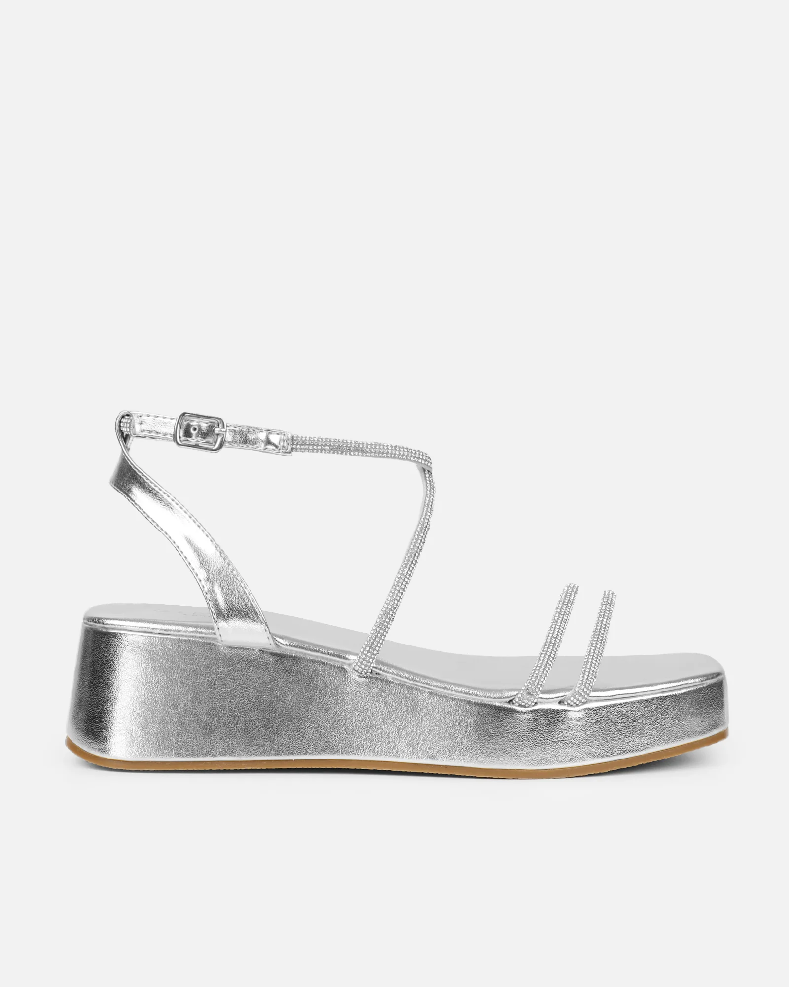 Vivii Silver Metallic Diamante Flatform Sandals - Image 2