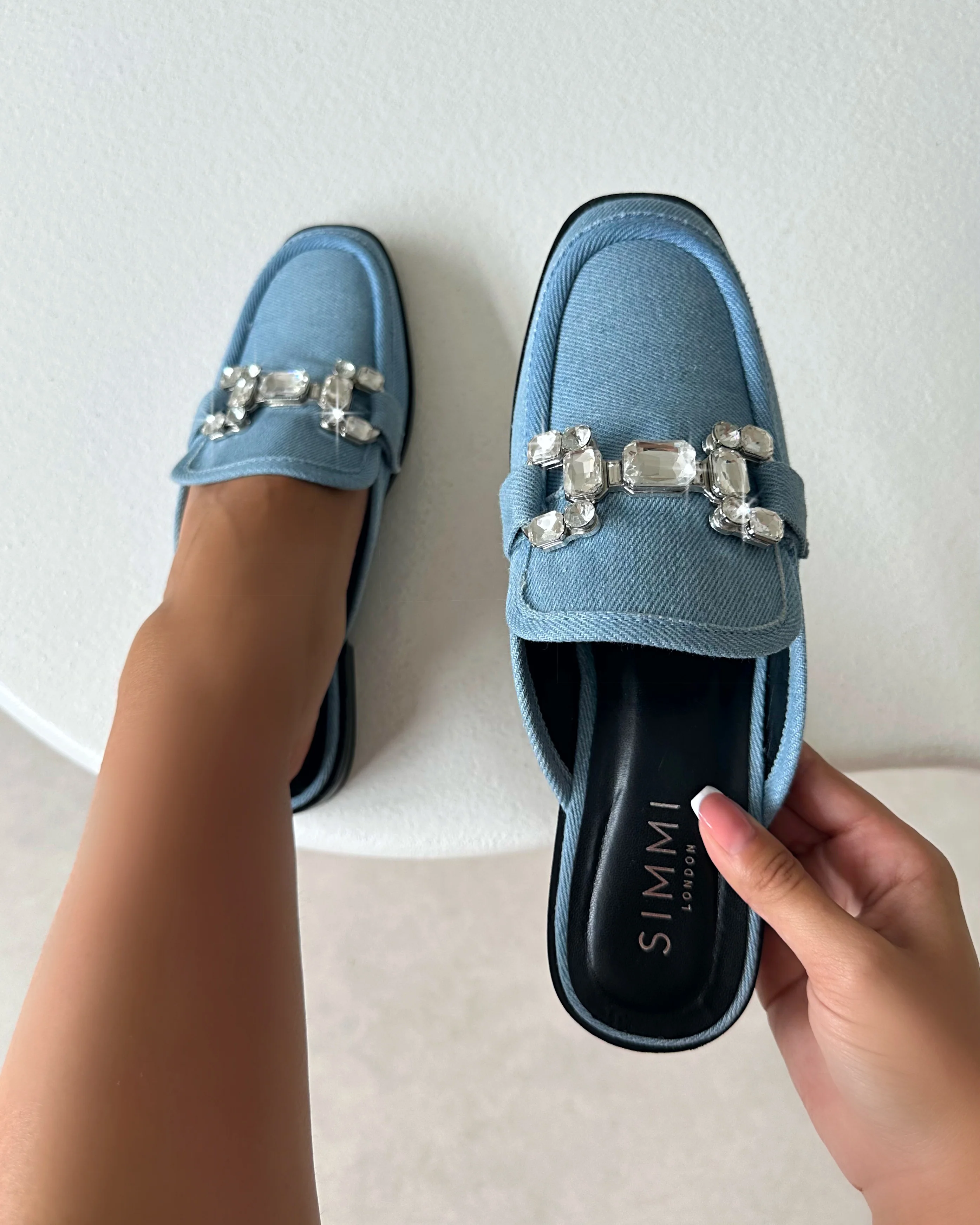 Xanthe Blue Denim Diamanté Slip On Mules