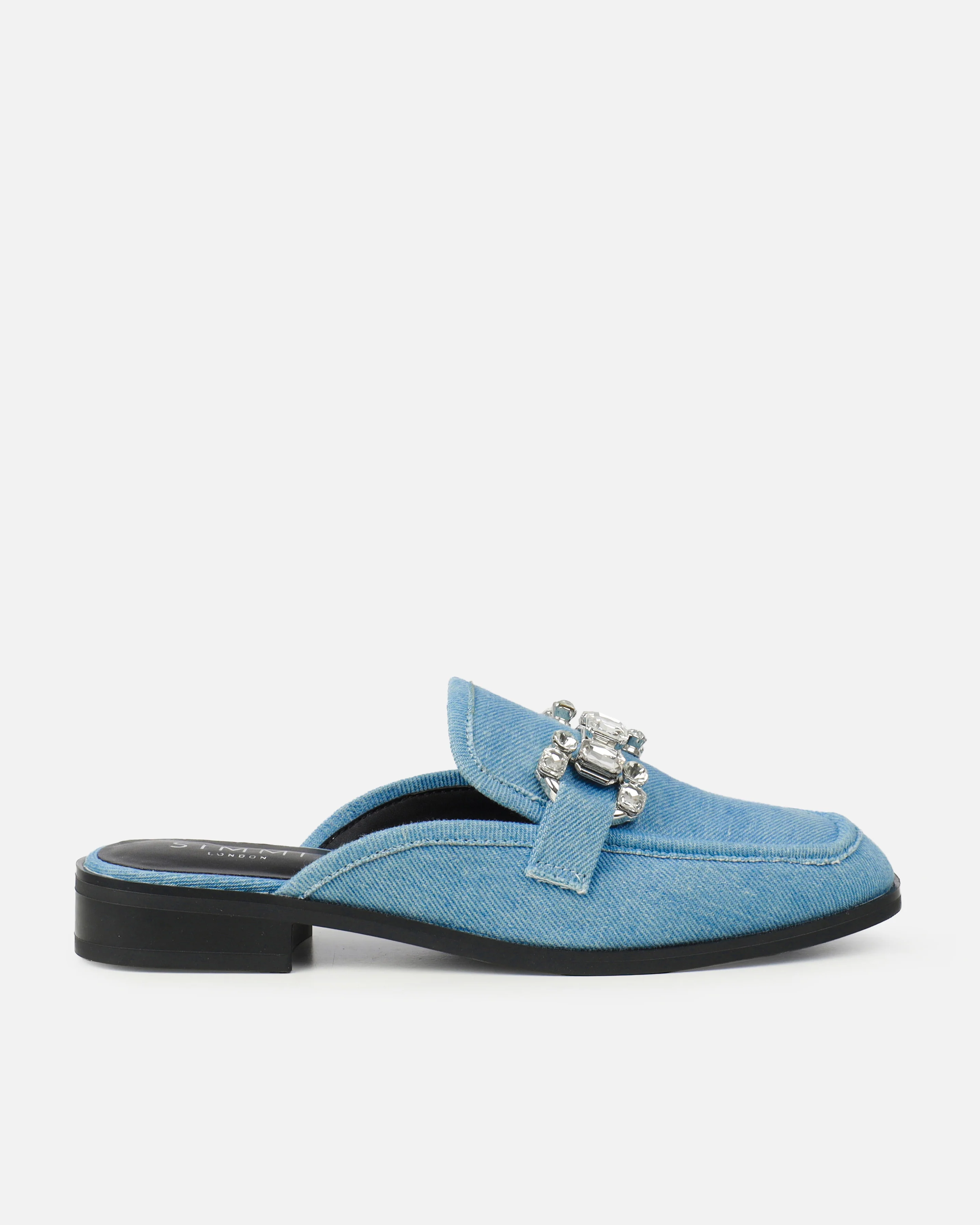 Xanthe Blue Denim Diamanté Slip On Mules - Image 2