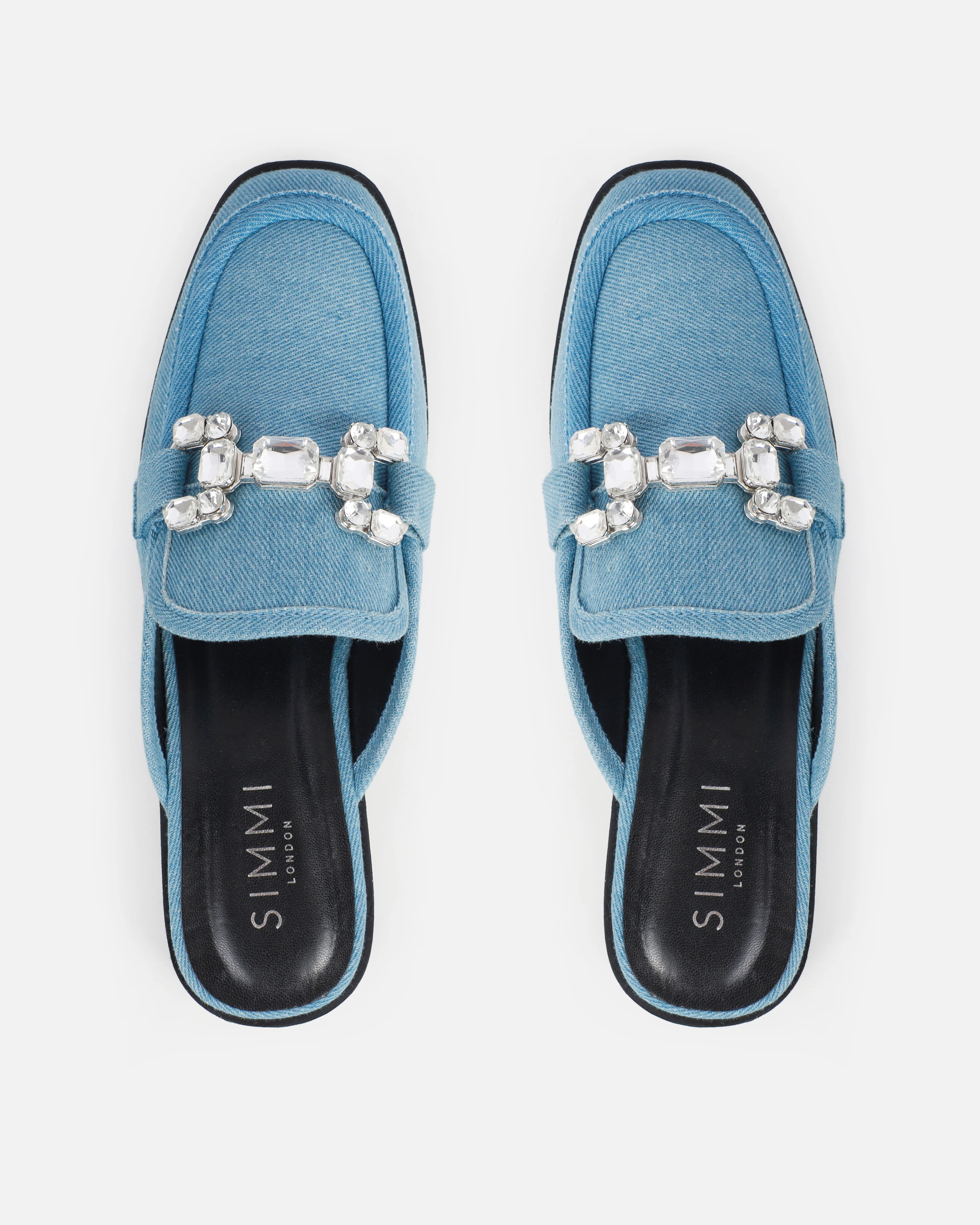 Xanthe Blue Denim Diamanté Slip On Mules - Image 3