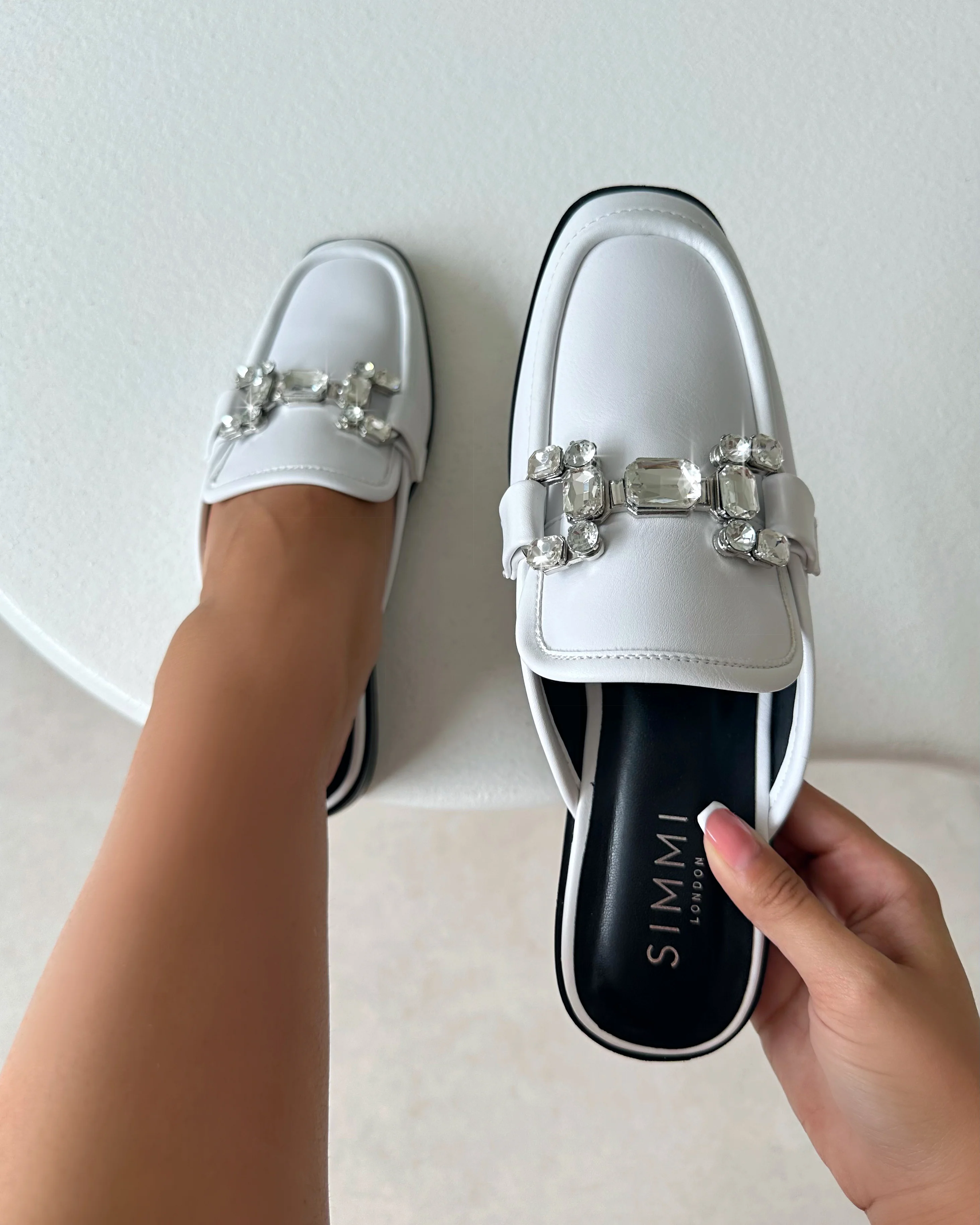 Xanthe White Diamanté Slip On Mules
