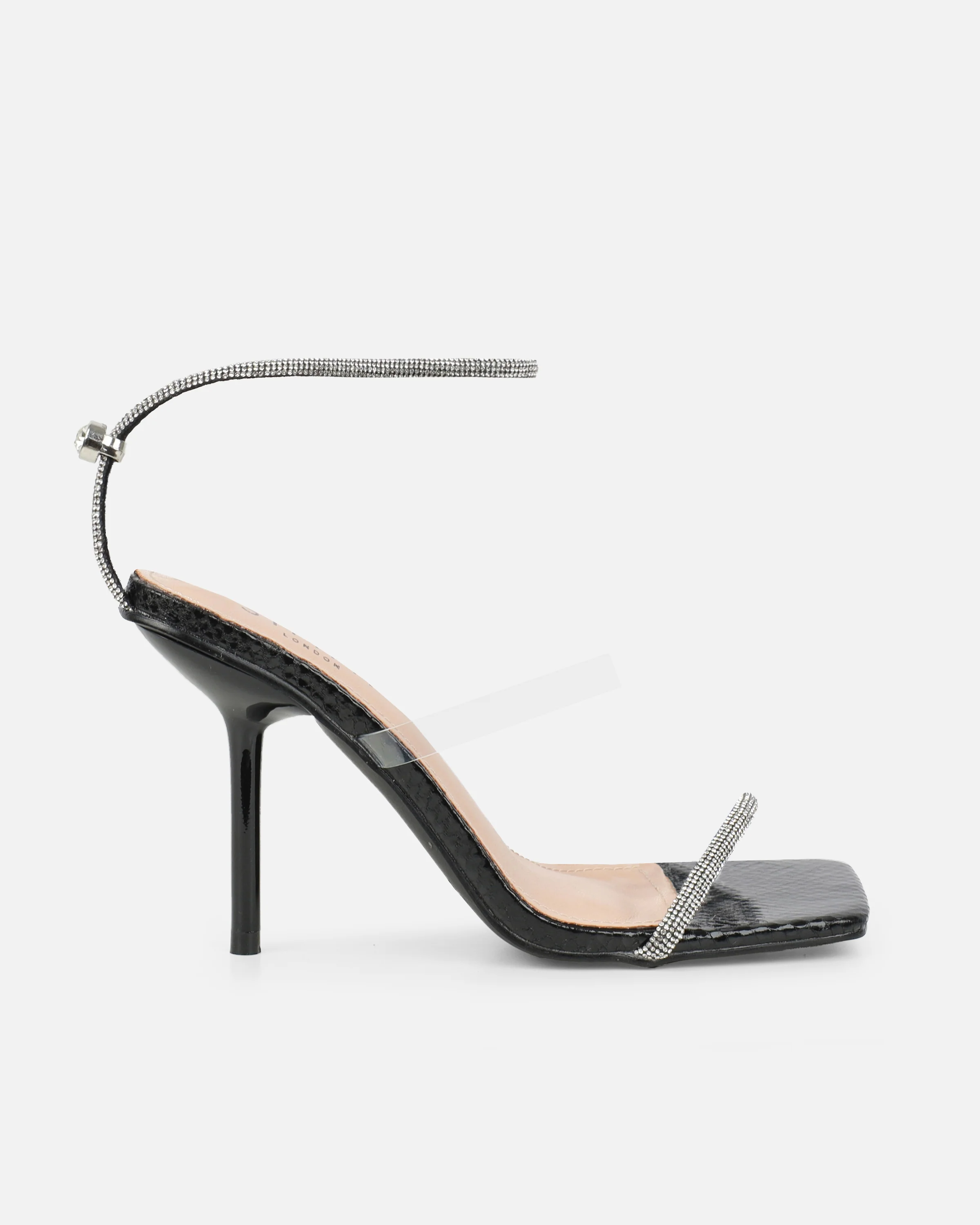 Zayla Clear Black Faux Snake Stiletto Heeled Sandals - Image 2