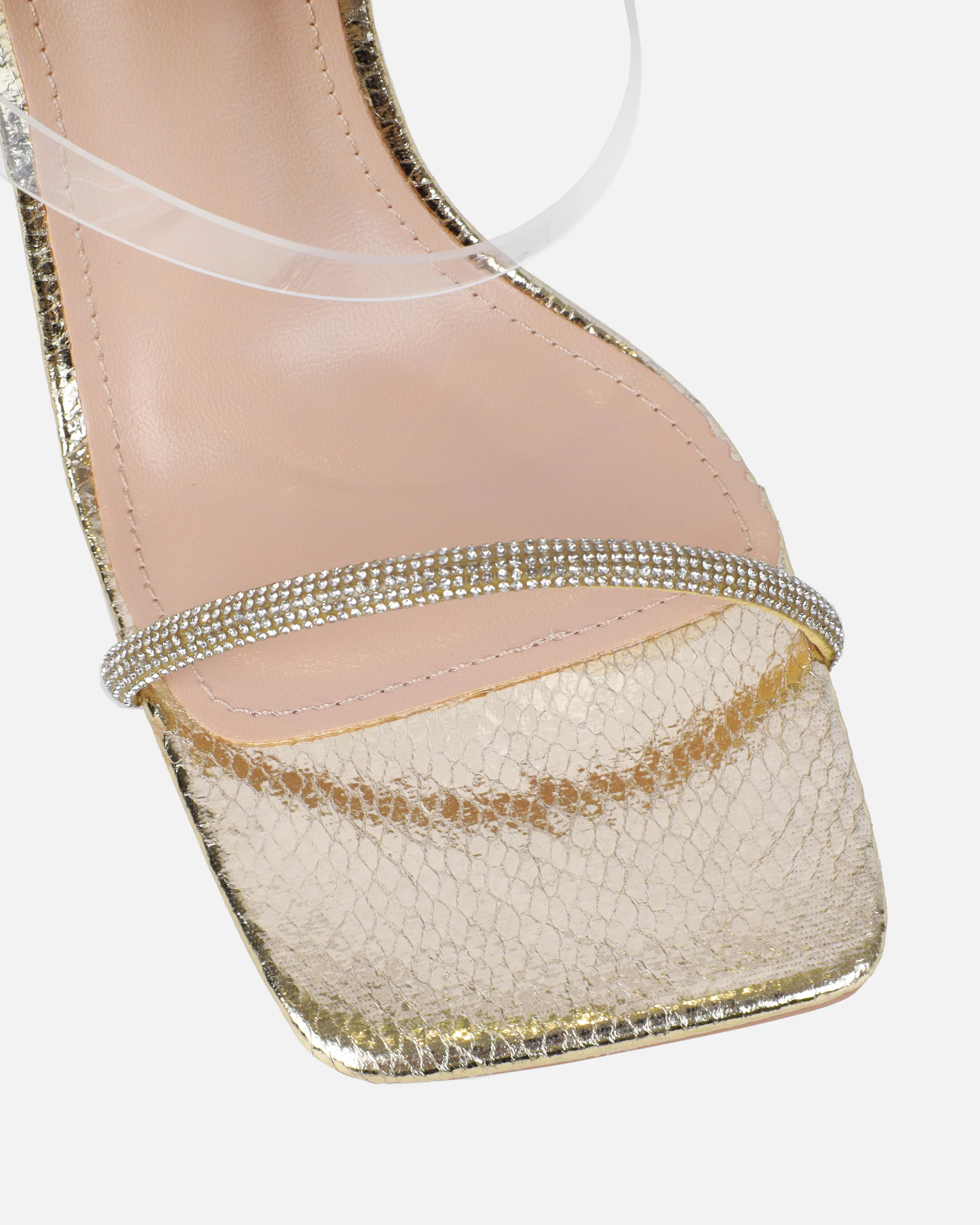 Zayla Clear Gold Faux Snake Stiletto Heeled Sandals - Image 4