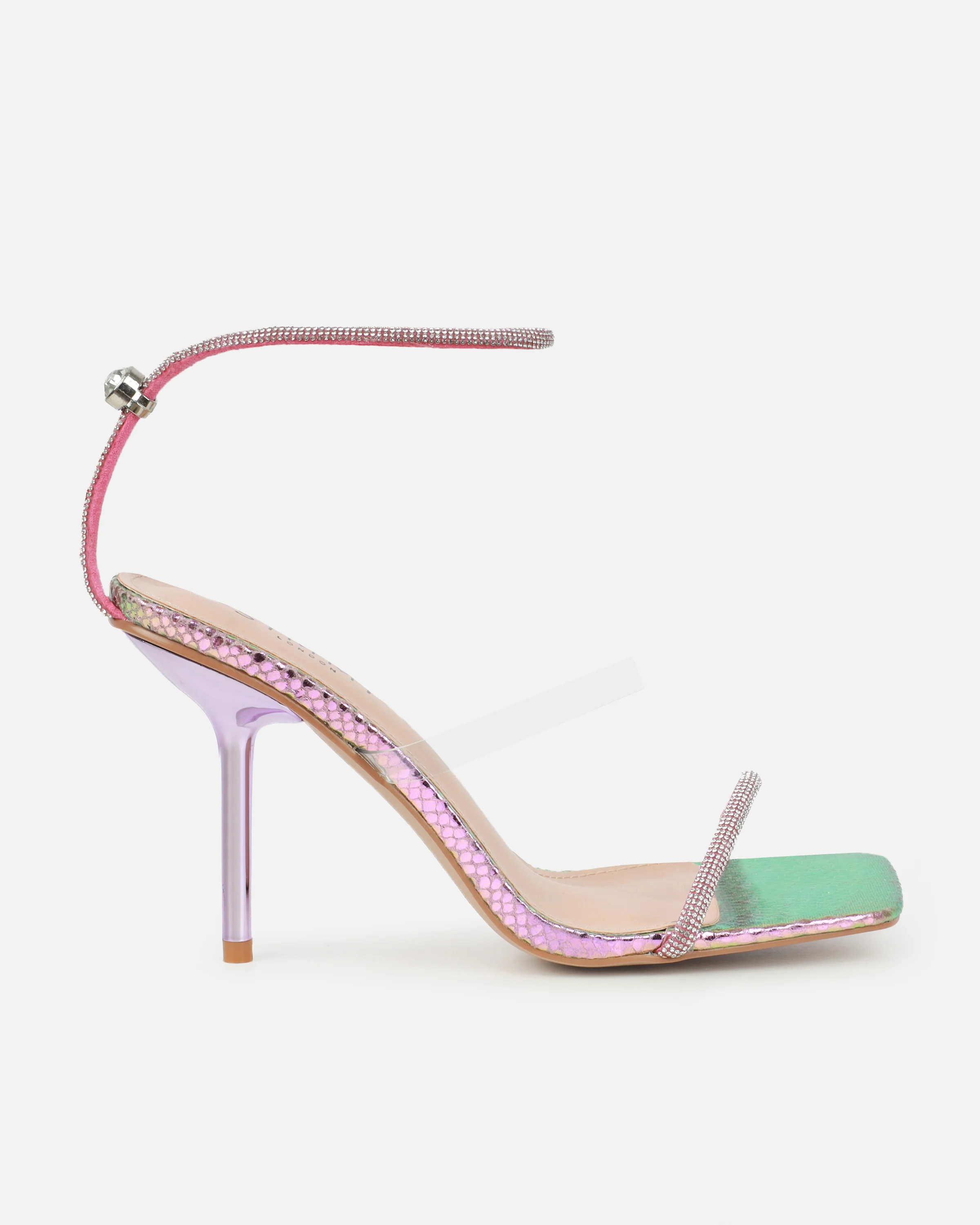 Zayla Clear Pink And Green Iridescent Faux Snake Stiletto Heeled Sandals - Image 2
