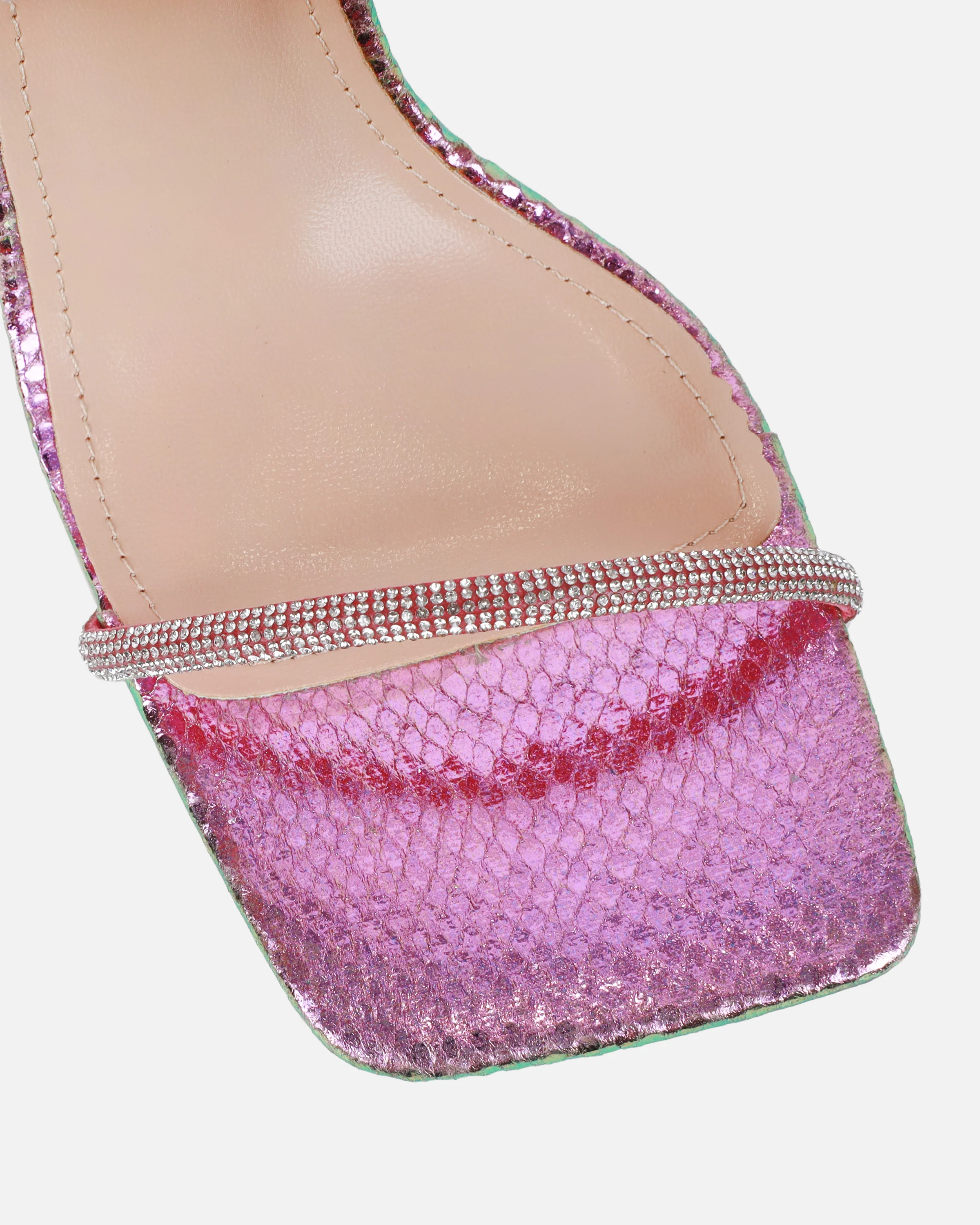Zayla Clear Pink And Green Iridescent Faux Snake Stiletto Heeled Sandals - Image 4
